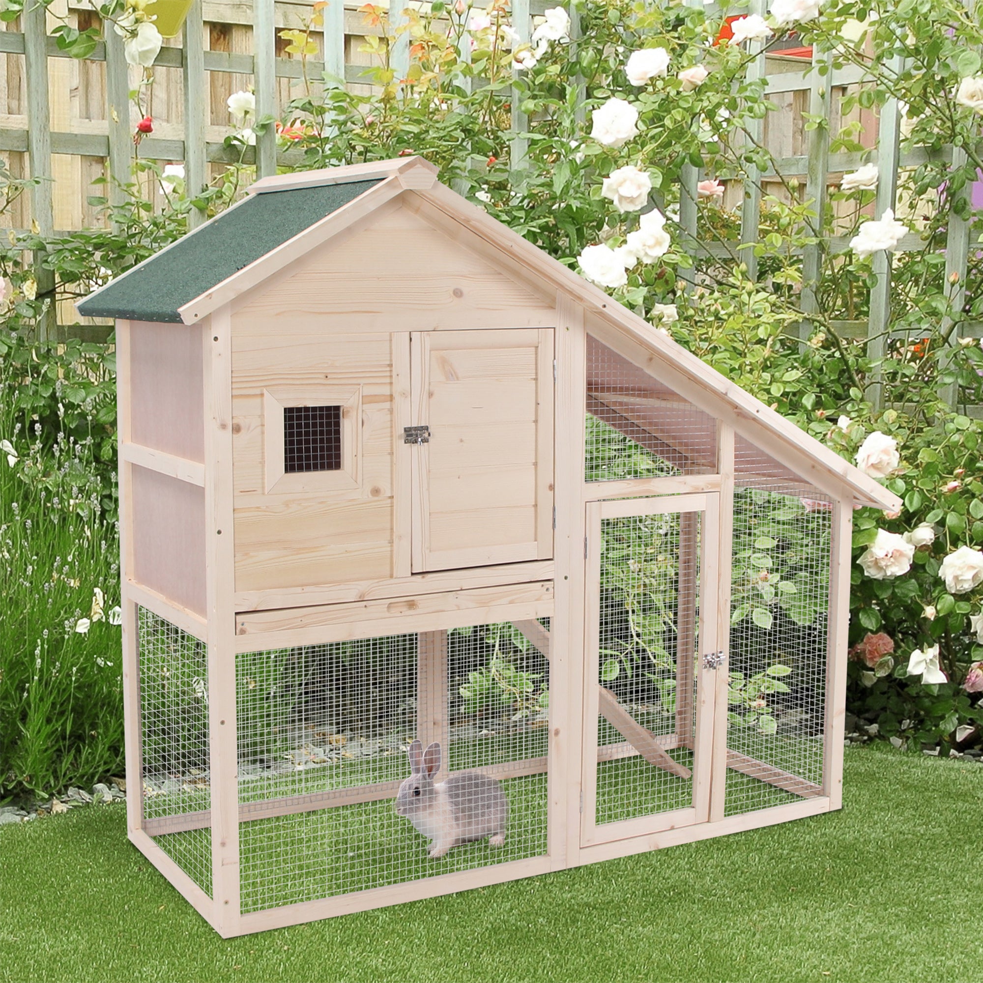 PawHut 2 Levels Outdoor Rabbit Hutch, 55" Wooden Large Rabbit Cage with Run Weatherproof Roof, Removable Tray, Ramp