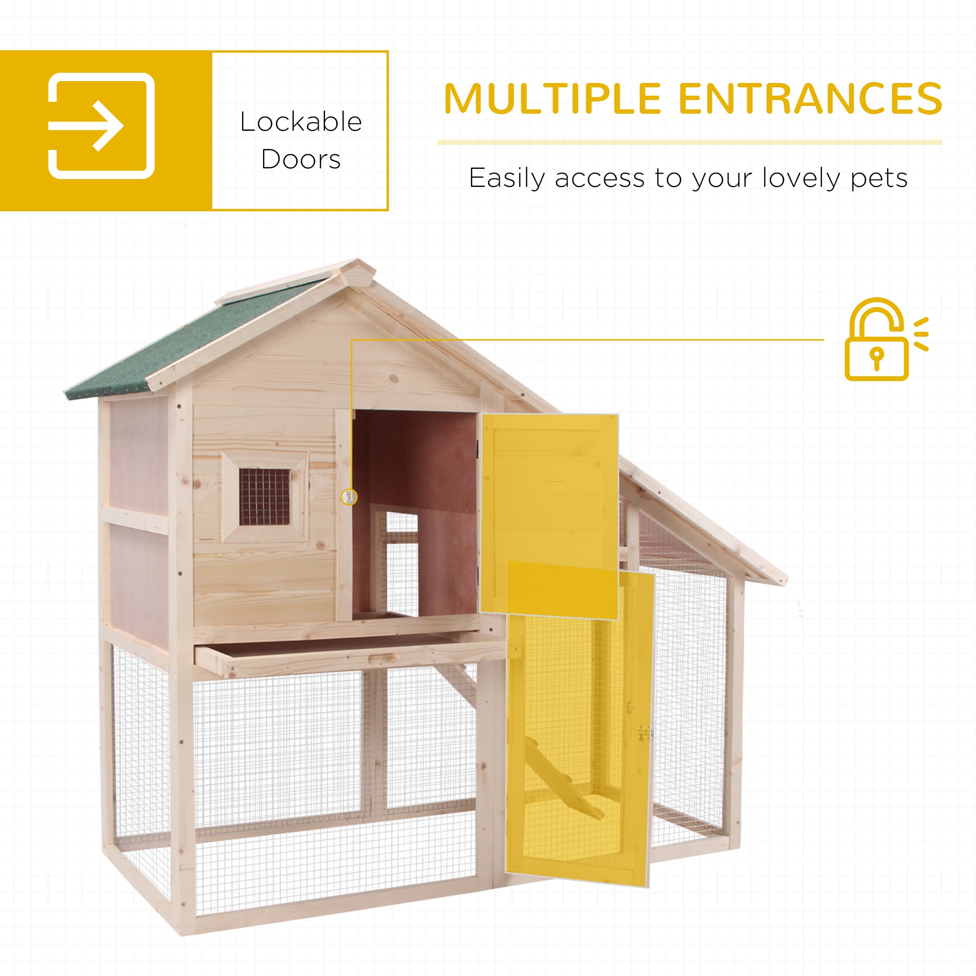 PawHut 2 Levels Outdoor Rabbit Hutch, 55" Wooden Large Rabbit Cage with Run Weatherproof Roof, Removable Tray, Ramp