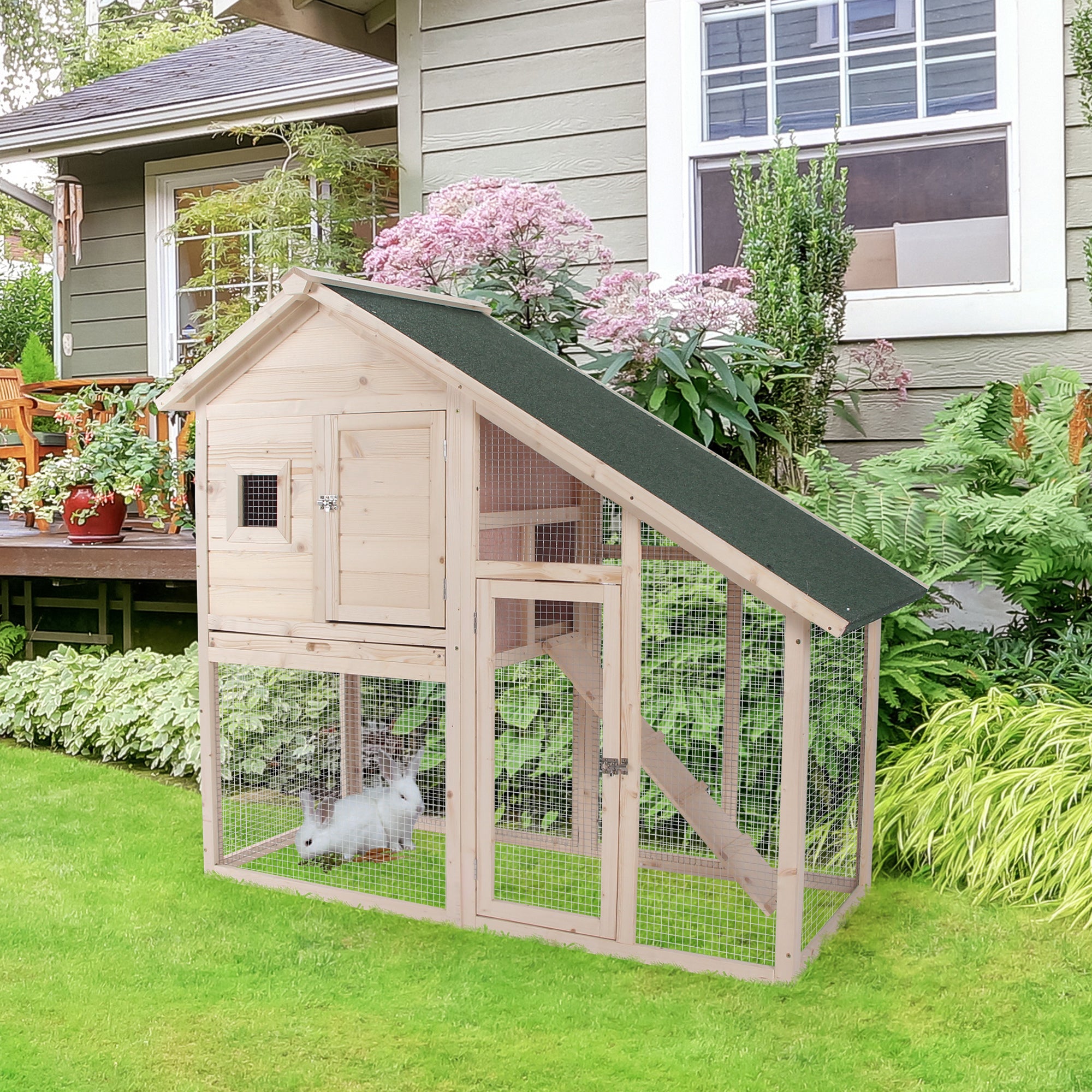 PawHut 2 Levels Outdoor Rabbit Hutch, 55" Wooden Large Rabbit Cage with Run Weatherproof Roof, Removable Tray, Ramp