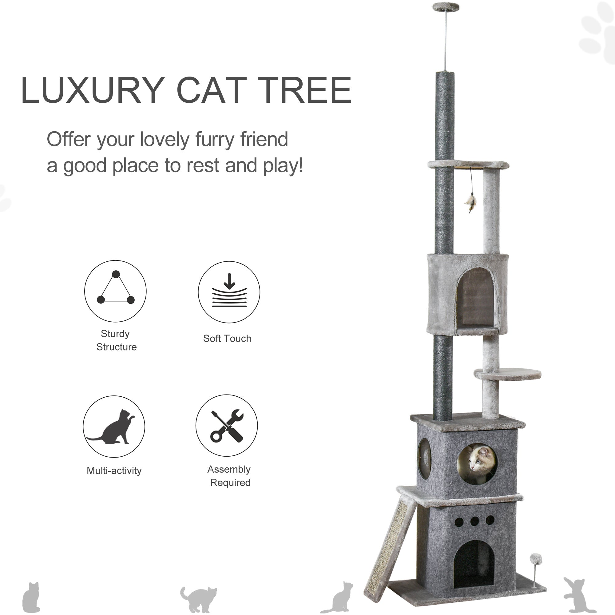 PawHut 100" Cat Climbing Tree Adjustable Kitty Activity Center Floor-to-Ceiling Cat Climber Toy with Scratching Post Play Double Condo Rest Post Pet Furniture Light Grey