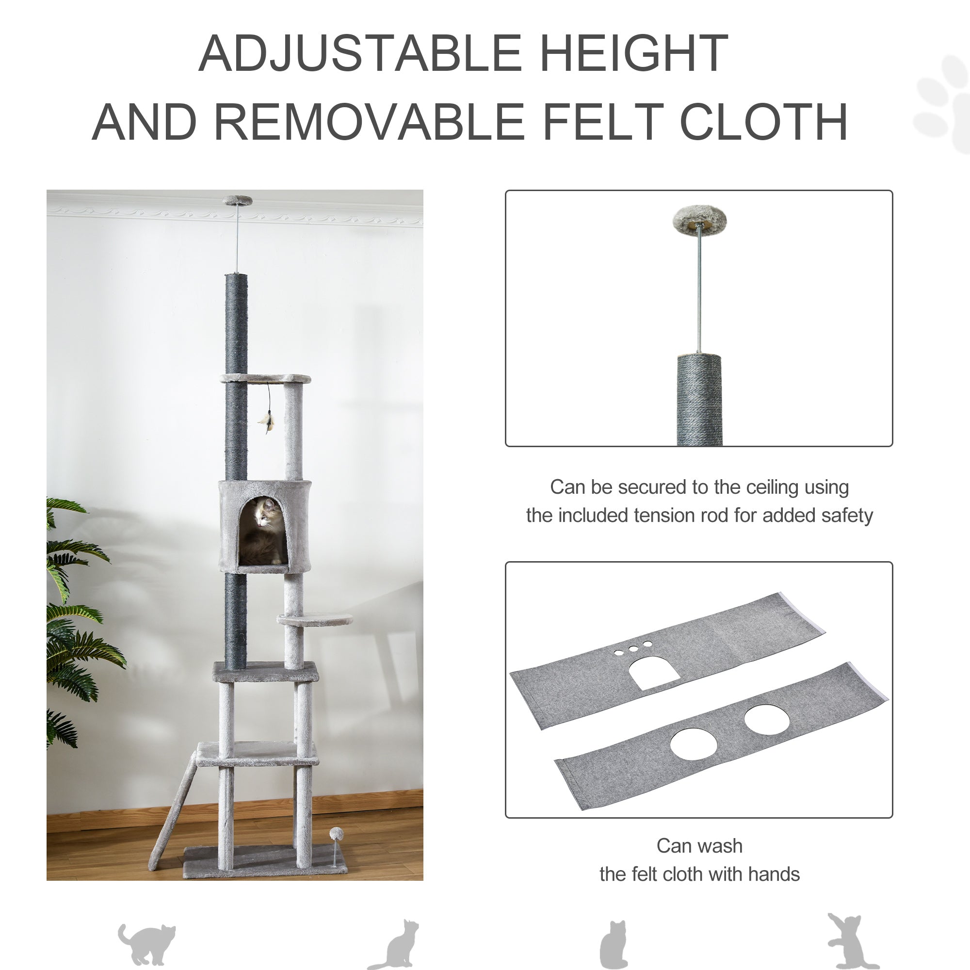 PawHut 100" Cat Climbing Tree Adjustable Kitty Activity Center Floor-to-Ceiling Cat Climber Toy with Scratching Post Play Double Condo Rest Post Pet Furniture Light Grey