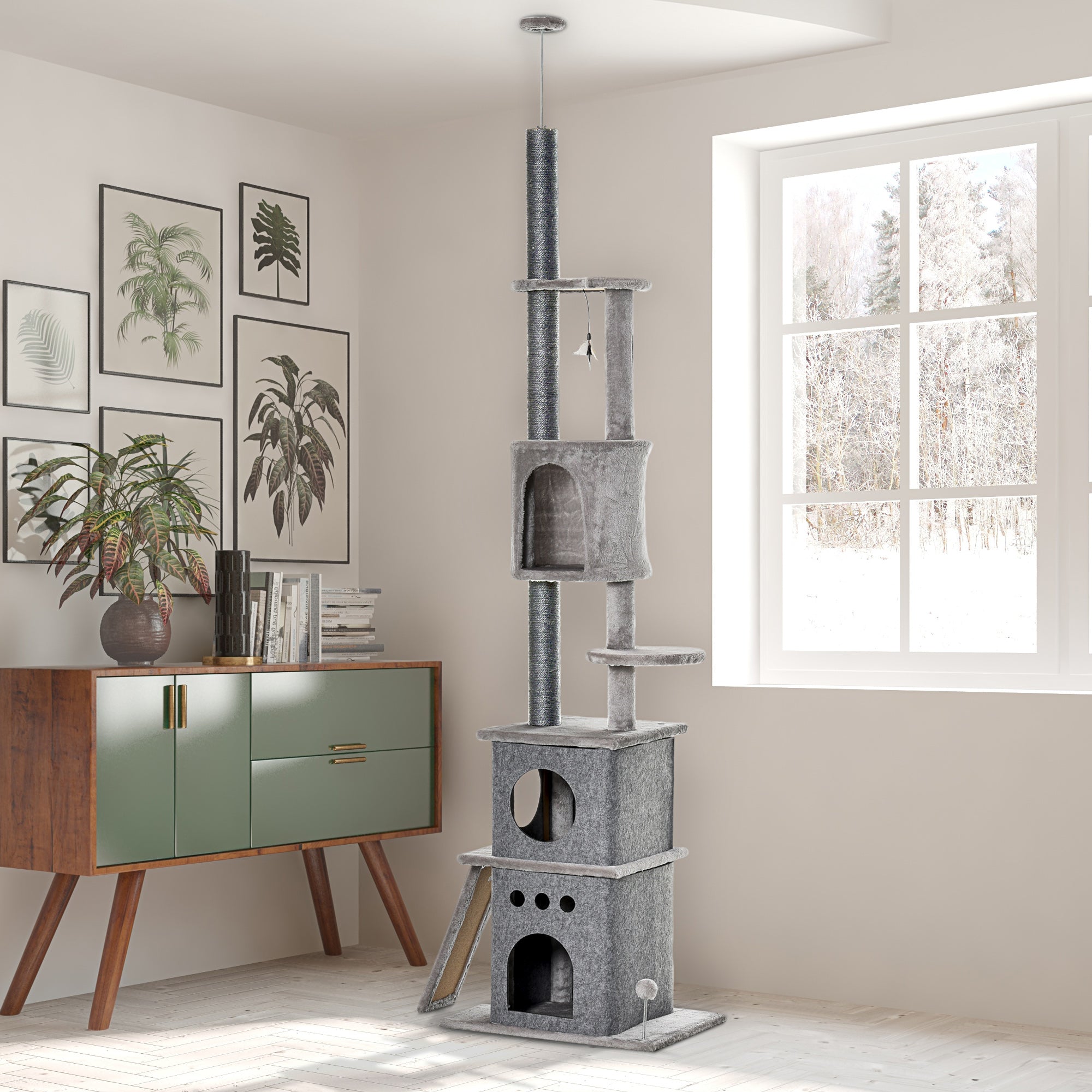PawHut 100" Cat Climbing Tree Adjustable Kitty Activity Center Floor-to-Ceiling Cat Climber Toy with Scratching Post Play Double Condo Rest Post Pet Furniture Light Grey