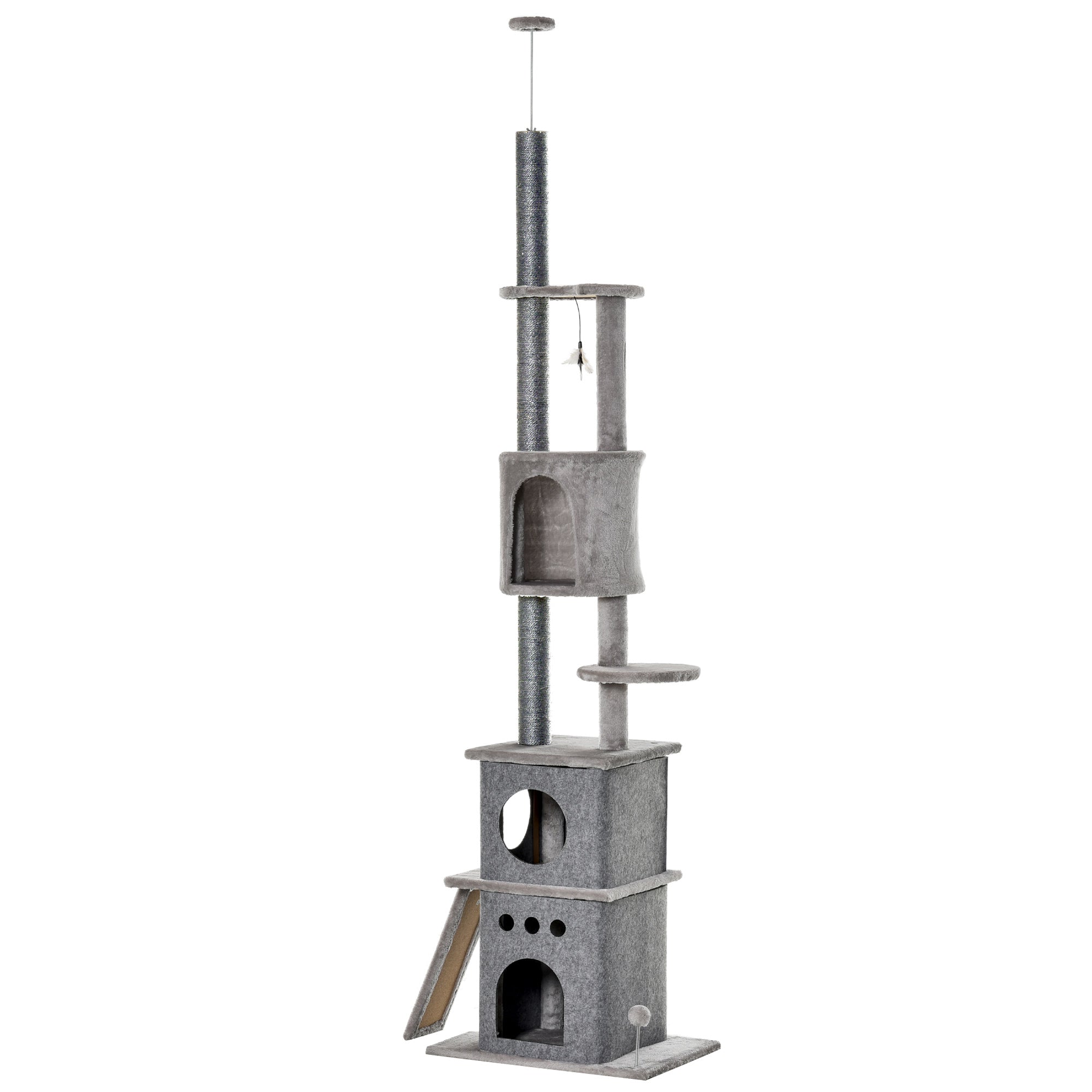 PawHut 100" Cat Climbing Tree Adjustable Kitty Activity Center Floor-to-Ceiling Cat Climber Toy with Scratching Post Play Double Condo Rest Post Pet Furniture Light Grey