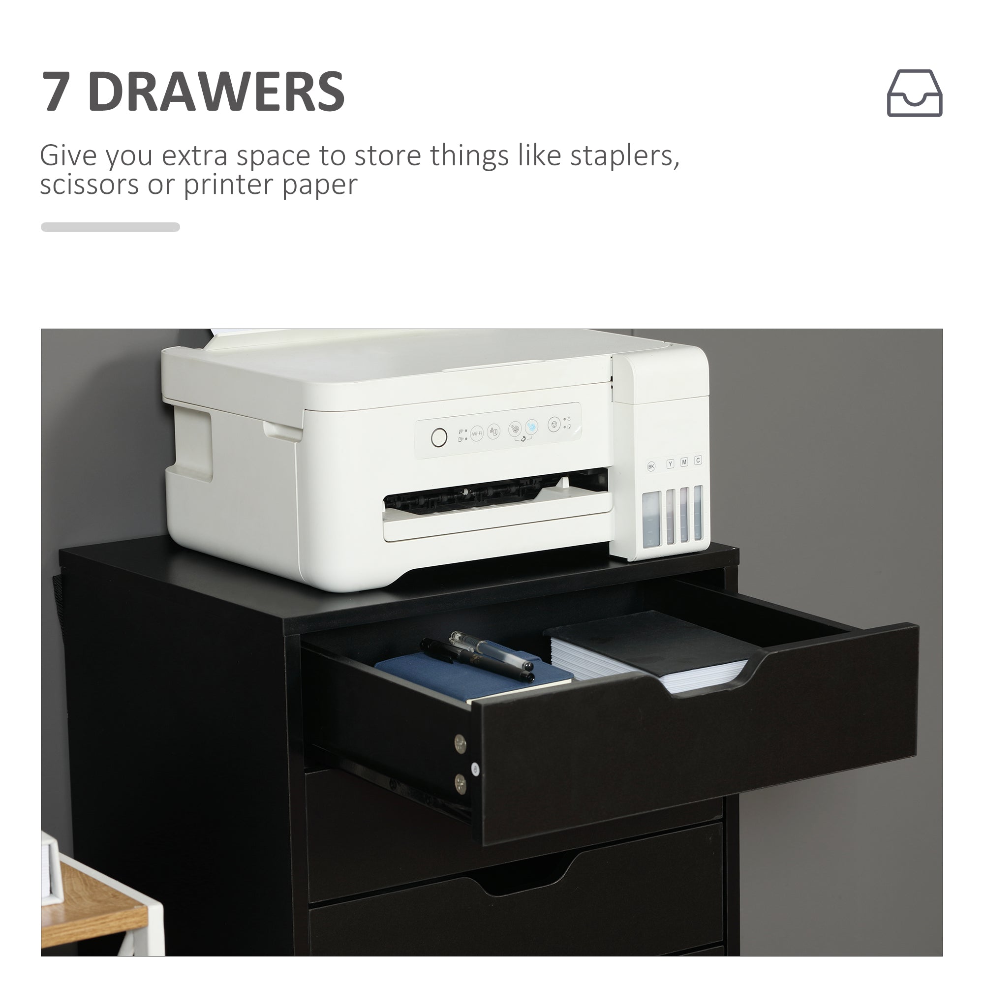 Vinsetto Vertical Filing Cabinet, 7-drawer File Cabinet, Mobile Office Storage Cabinet with Wheels for Home Office, Black