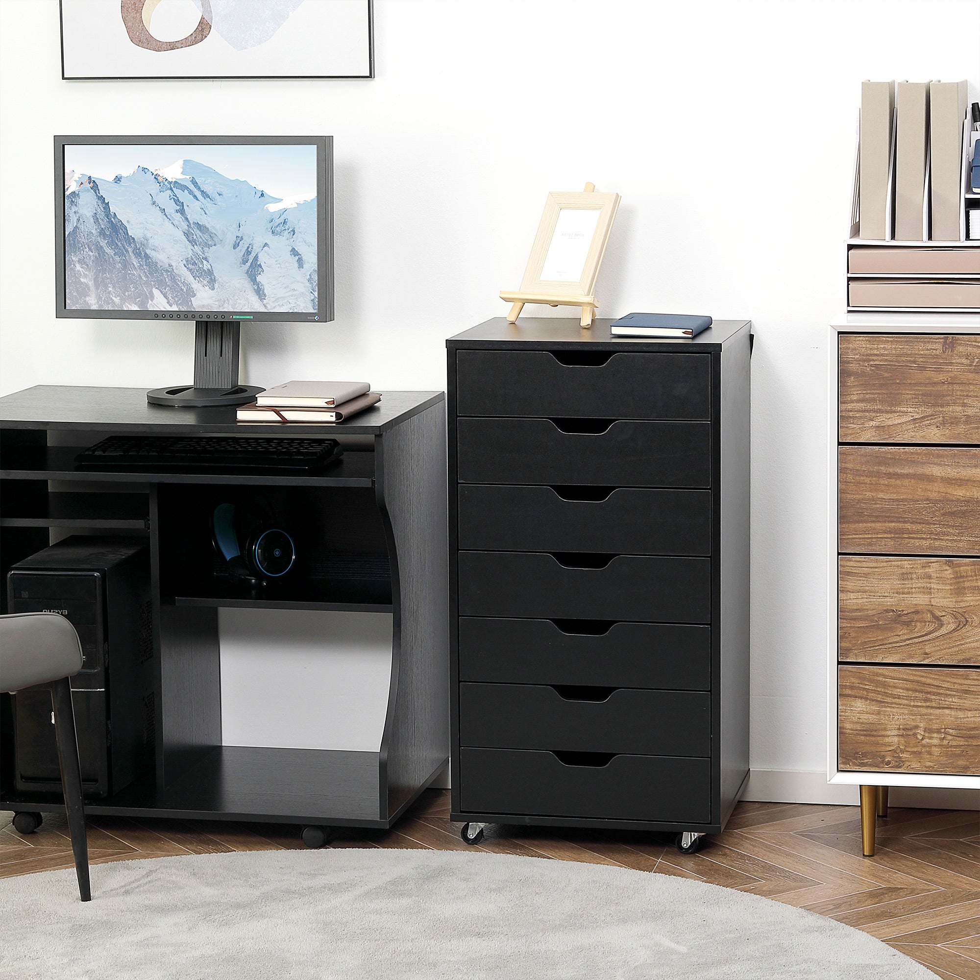 Vinsetto Vertical Filing Cabinet, 7-drawer File Cabinet, Mobile Office Storage Cabinet with Wheels for Home Office, Black