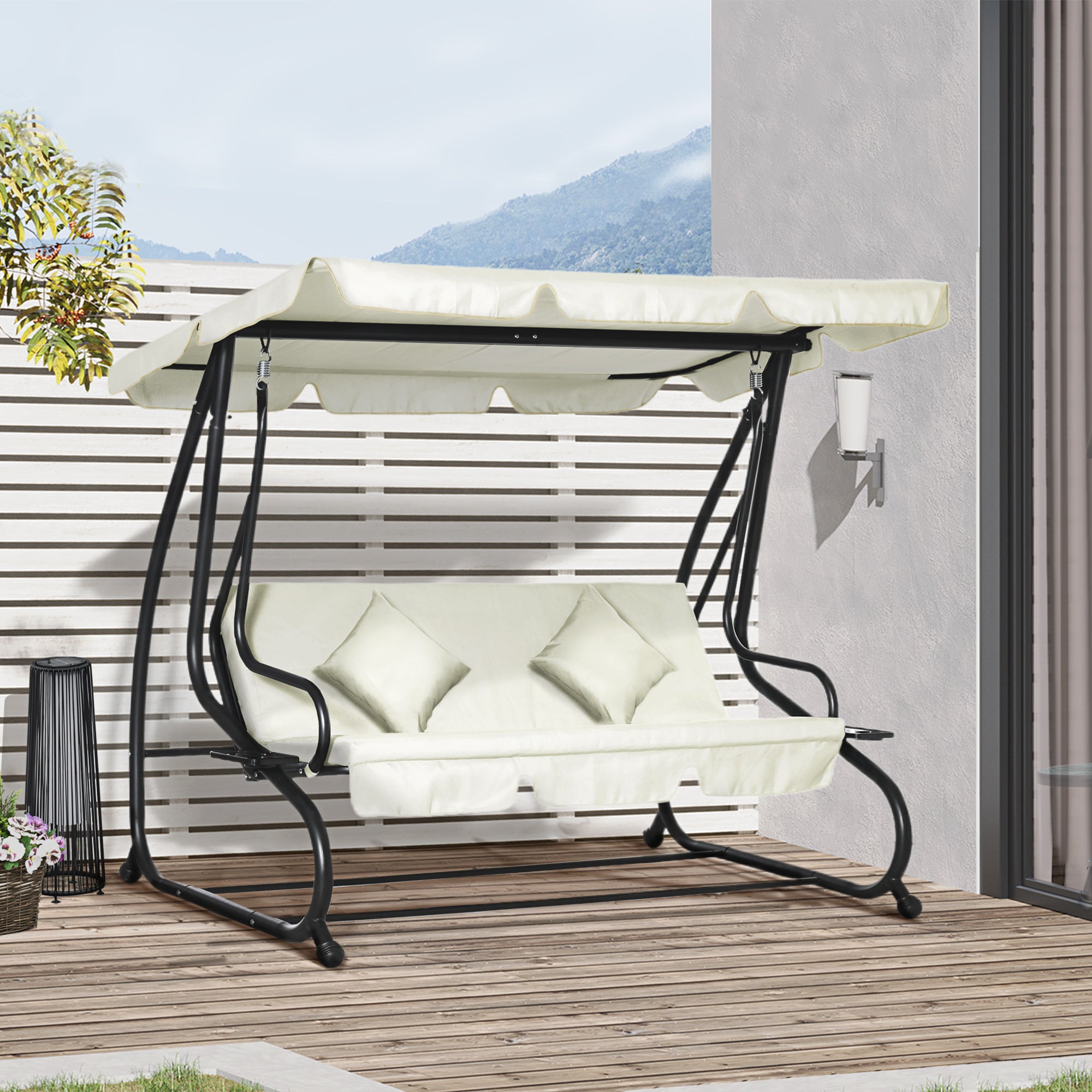 Outsunny 3-Seat Outdoor Patio Swing Chair, Converting Flat Bed, Canopy Swing with Adjustable Shade, Removable Cushions, Cup Holder, Cream White