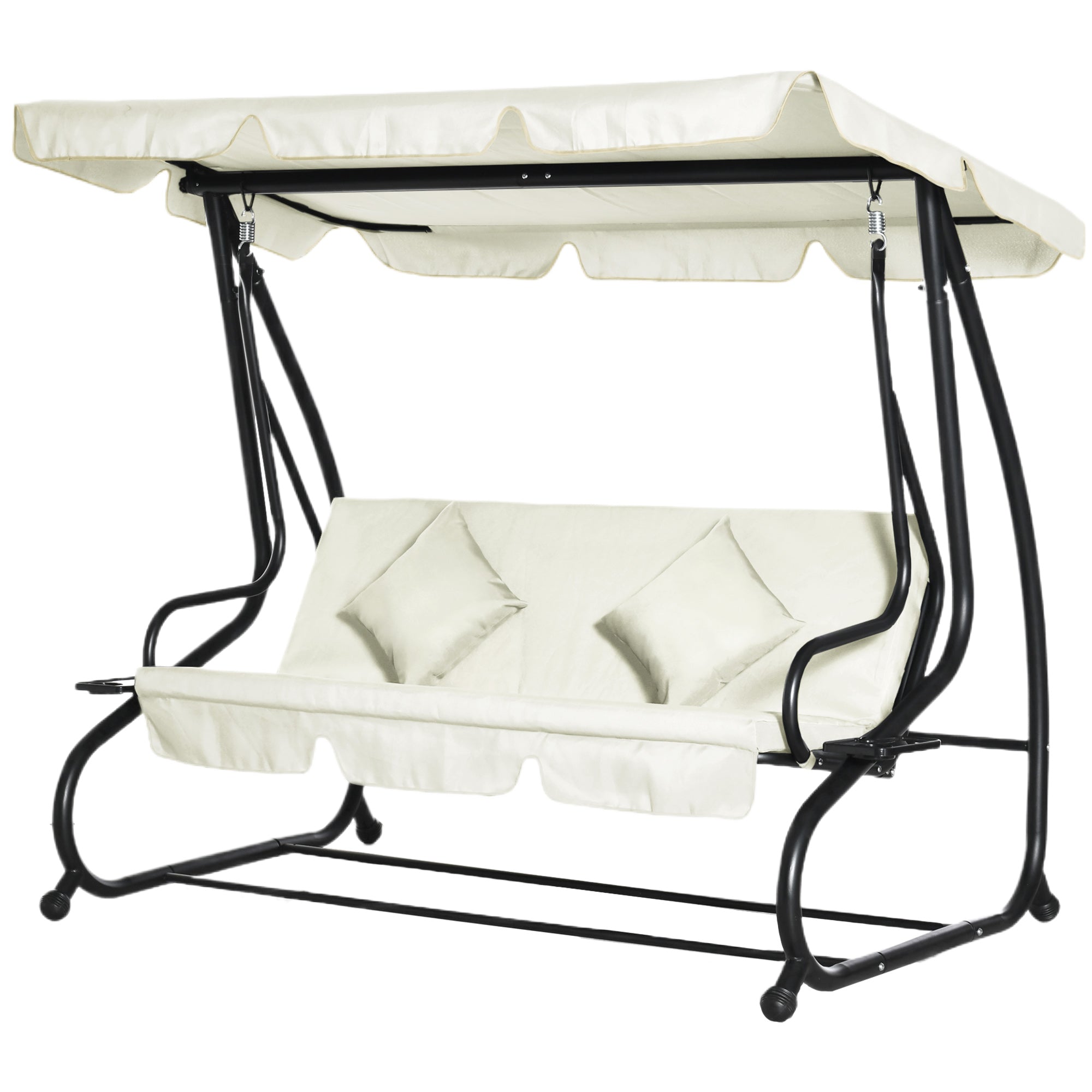 Outsunny 3-Seat Outdoor Patio Swing Chair, Converting Flat Bed, Canopy Swing with Adjustable Shade, Removable Cushions, Cup Holder, Cream White