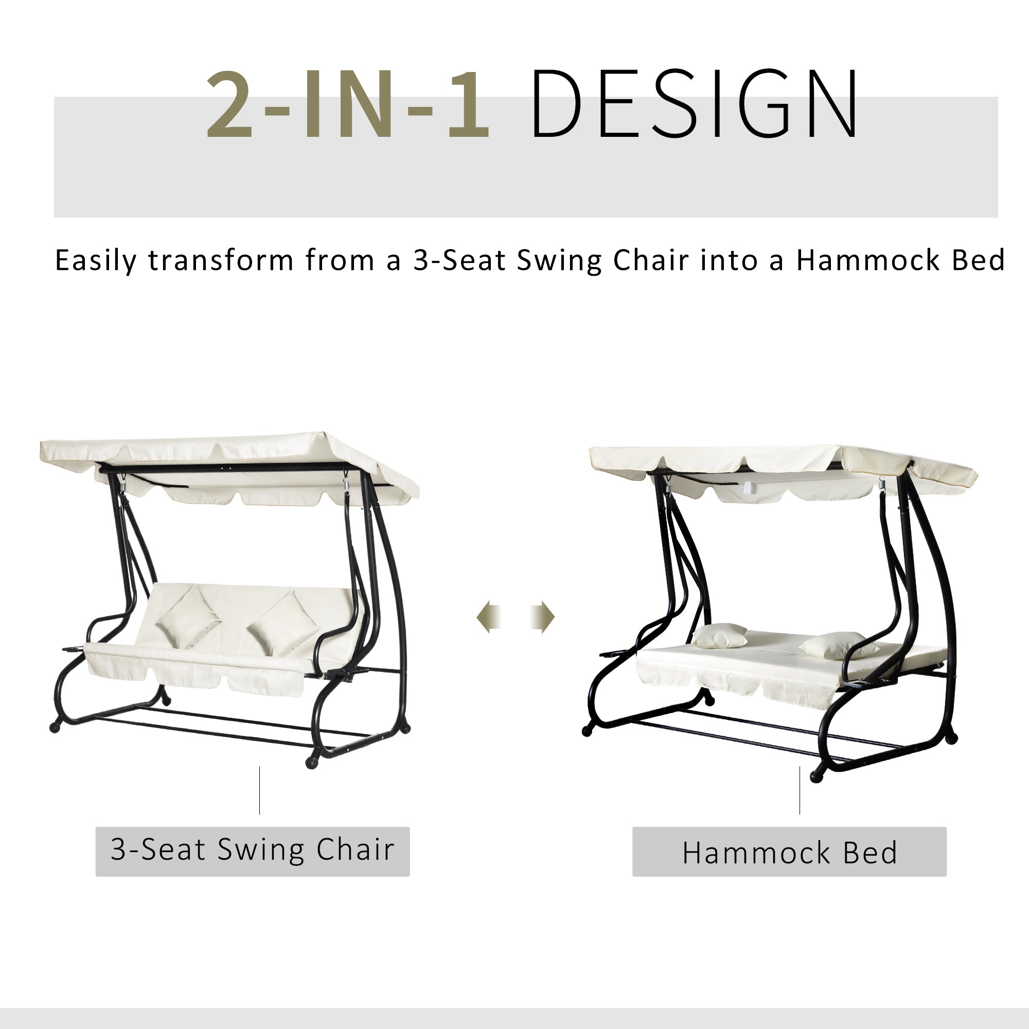 Outsunny 3-Seat Outdoor Patio Swing Chair, Converting Flat Bed, Canopy Swing with Adjustable Shade, Removable Cushions, Cup Holder, Cream White
