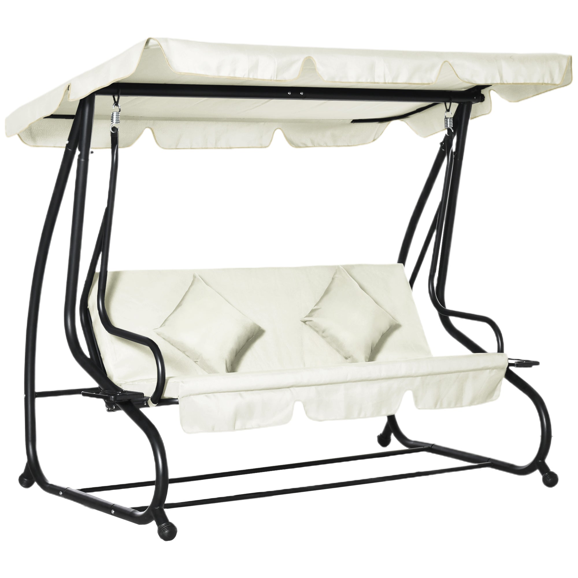 Outsunny 3-Seat Outdoor Patio Swing Chair, Converting Flat Bed, Canopy Swing with Adjustable Shade, Removable Cushions, Cup Holder, Cream White