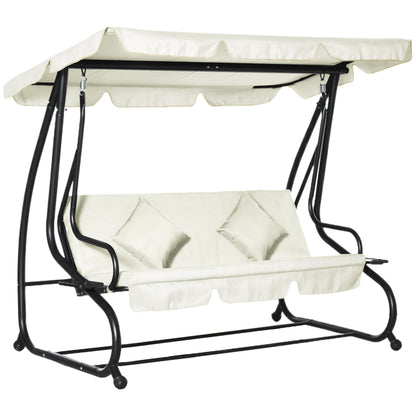 Outsunny 3-Seat Outdoor Patio Swing Chair, Converting Flat Bed, Canopy Swing with Adjustable Shade, Removable Cushions, Cup Holder, Cream White