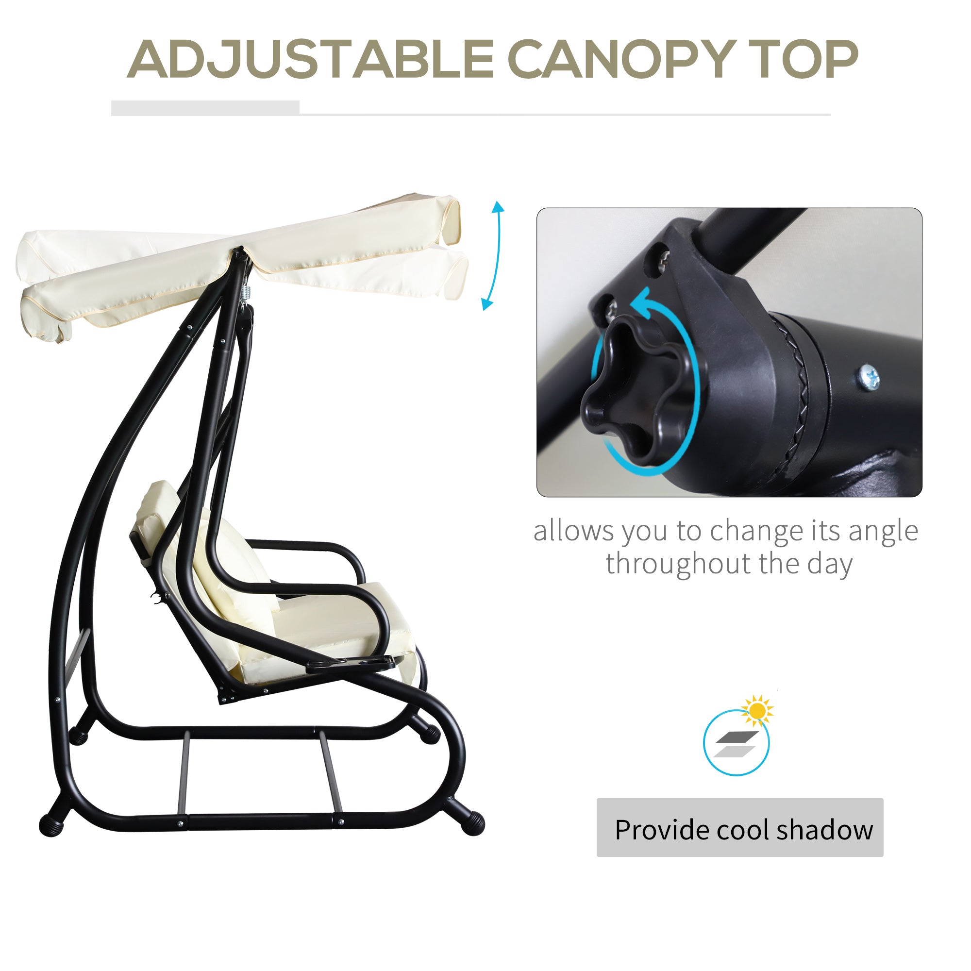 Outsunny 3-Seat Outdoor Patio Swing Chair, Converting Flat Bed, Canopy Swing with Adjustable Shade, Removable Cushions, Cup Holder, Cream White