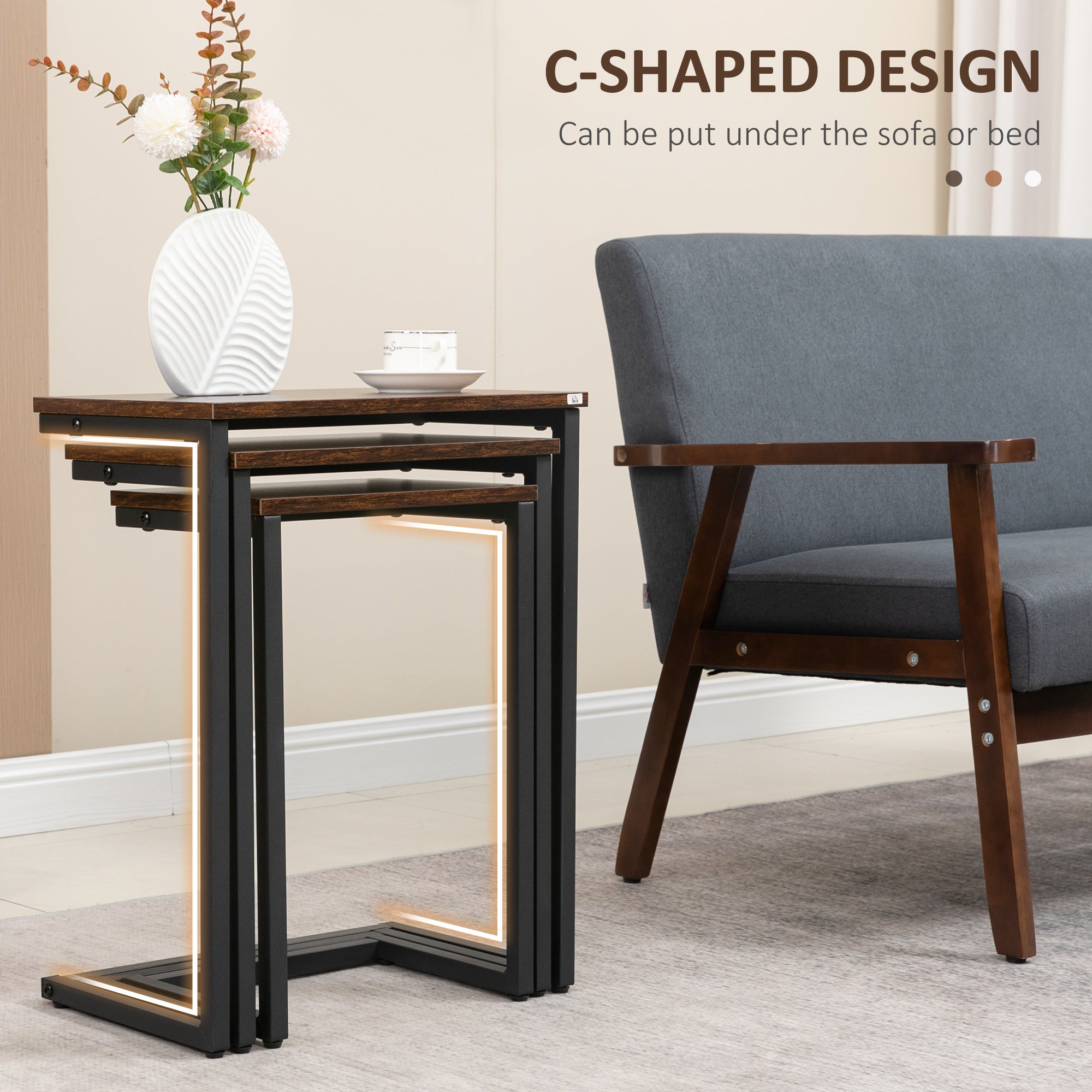 HOMCOM Nesting End Tables Set of 3, C-Shaped Snack Side Table with Steel Frame for Sofa Couch and Bed, Rustic Brown