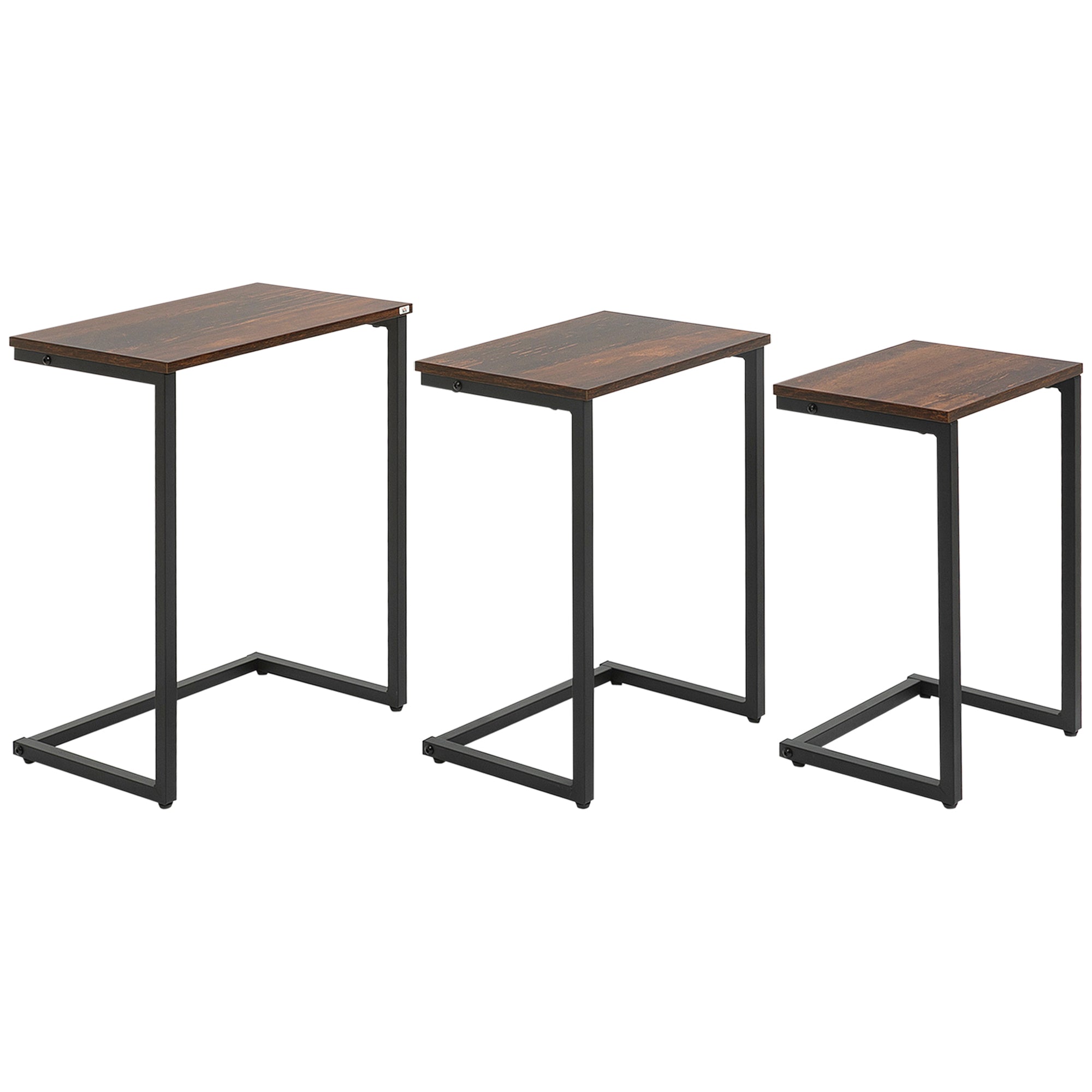 HOMCOM Nesting End Tables Set of 3, C-Shaped Snack Side Table with Steel Frame for Sofa Couch and Bed, Rustic Brown