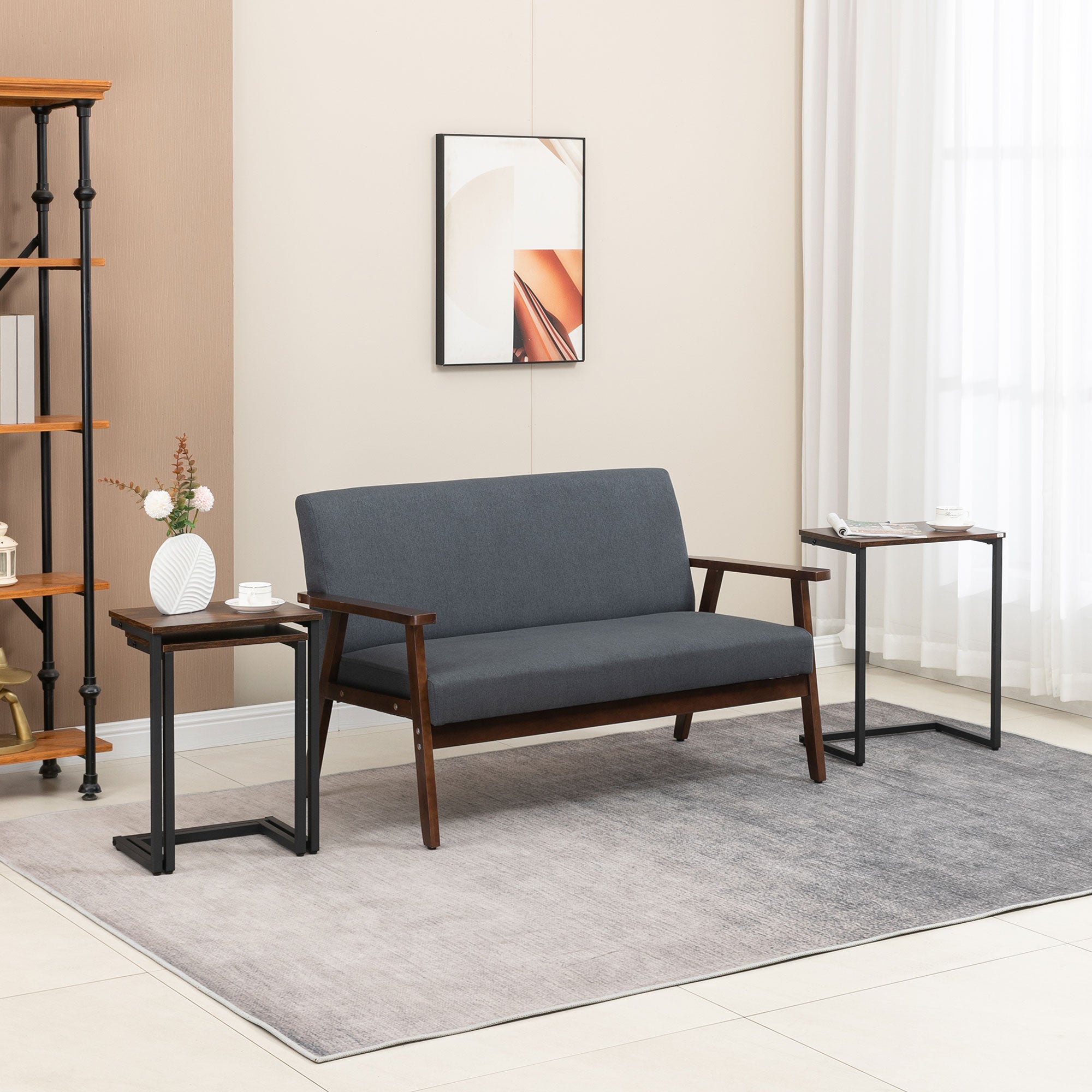 HOMCOM Nesting End Tables Set of 3, C-Shaped Snack Side Table with Steel Frame for Sofa Couch and Bed, Rustic Brown