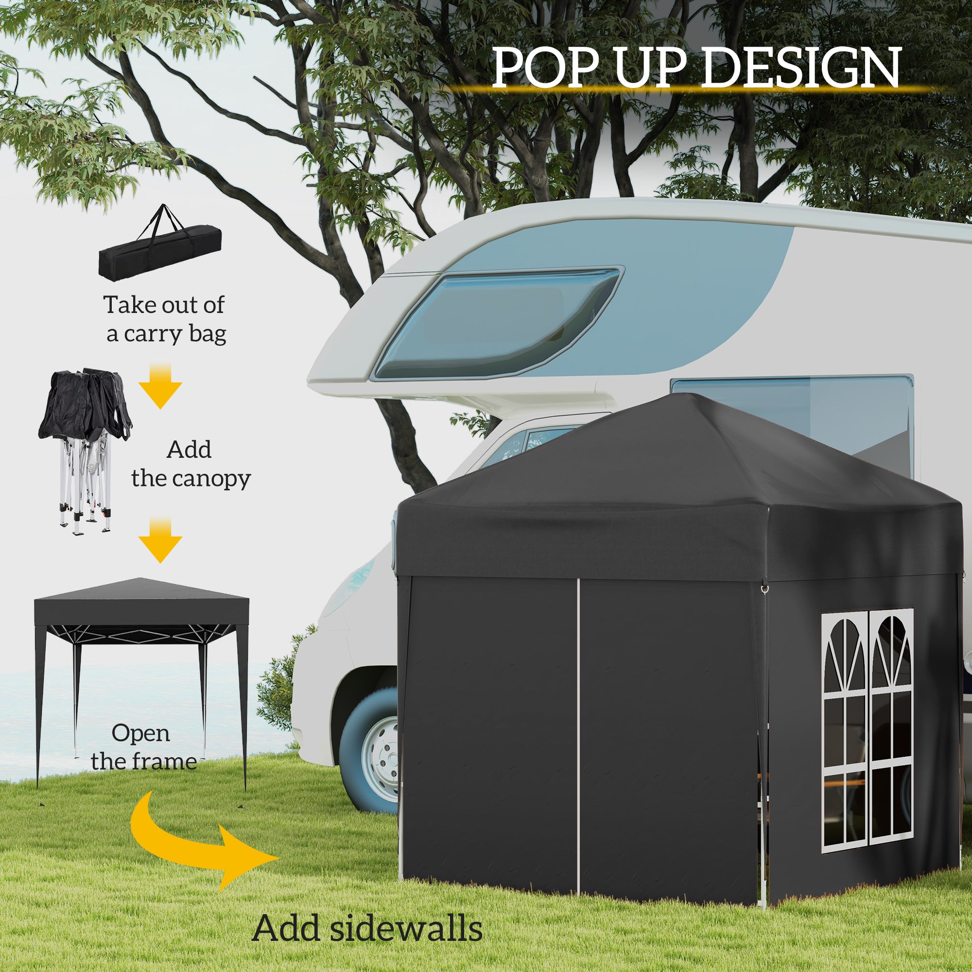 Outsunny 6.6'x6.6' Pop Up Canopy Tent with Sidewalls, Instant Sun Shelter Camping Gazebo with Carry Bag, for Outdoor, Garden, Patio, Black