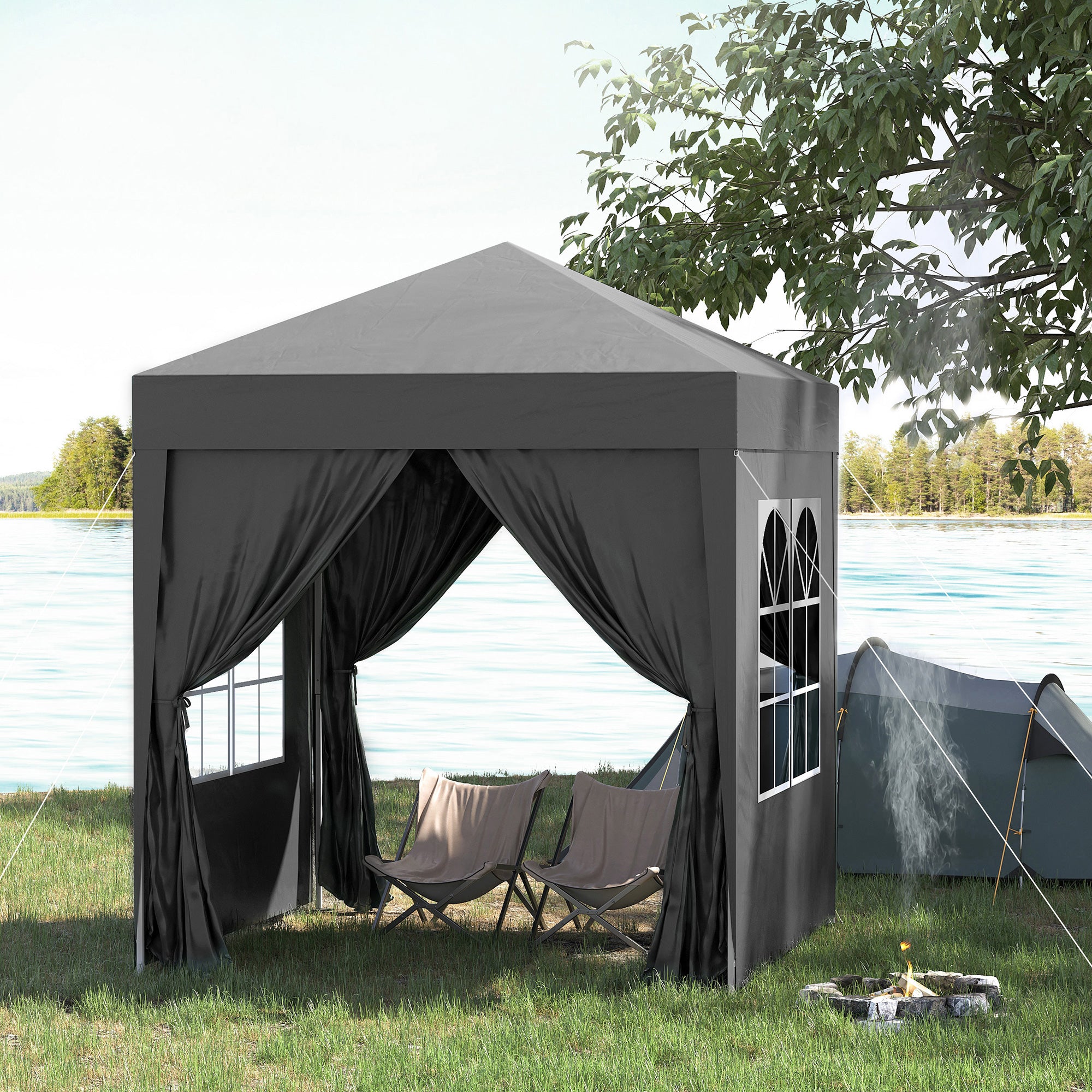 Outsunny 6.6'x6.6' Pop Up Canopy Tent with Sidewalls, Instant Sun Shelter Camping Gazebo with Carry Bag, for Outdoor, Garden, Patio, Black