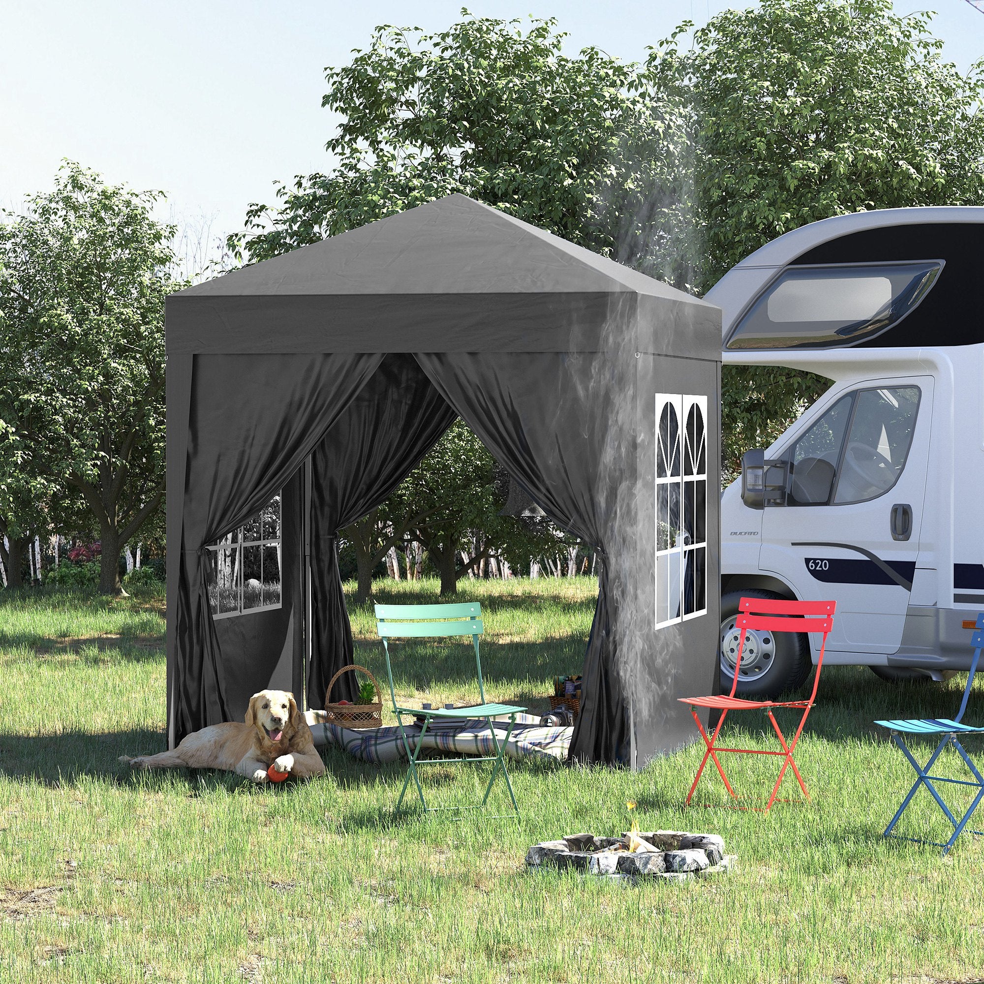 Outsunny 6.6'x6.6' Pop Up Canopy Tent with Sidewalls, Instant Sun Shelter Camping Gazebo with Carry Bag, for Outdoor, Garden, Patio, Black