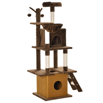 PawHut Cat Tree Tower for Indoor Cats 150cm Climbing Kitten Activity Center with Sisal Scratching Post Perch Hanging Ball Toy Hammock Ladder Double Condo Dark Brown