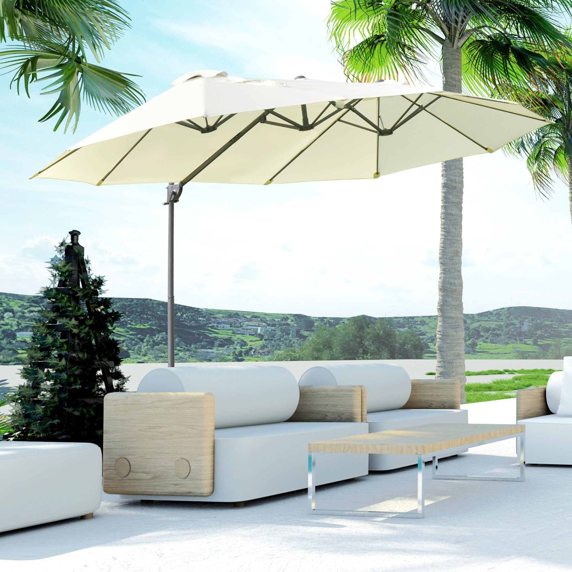 Outsunny 9' x 14' Outdoor Patio Umbrella Offset Cantilever Umbrella with Twin Canopy Sunshade Umbrella with Lift Beige