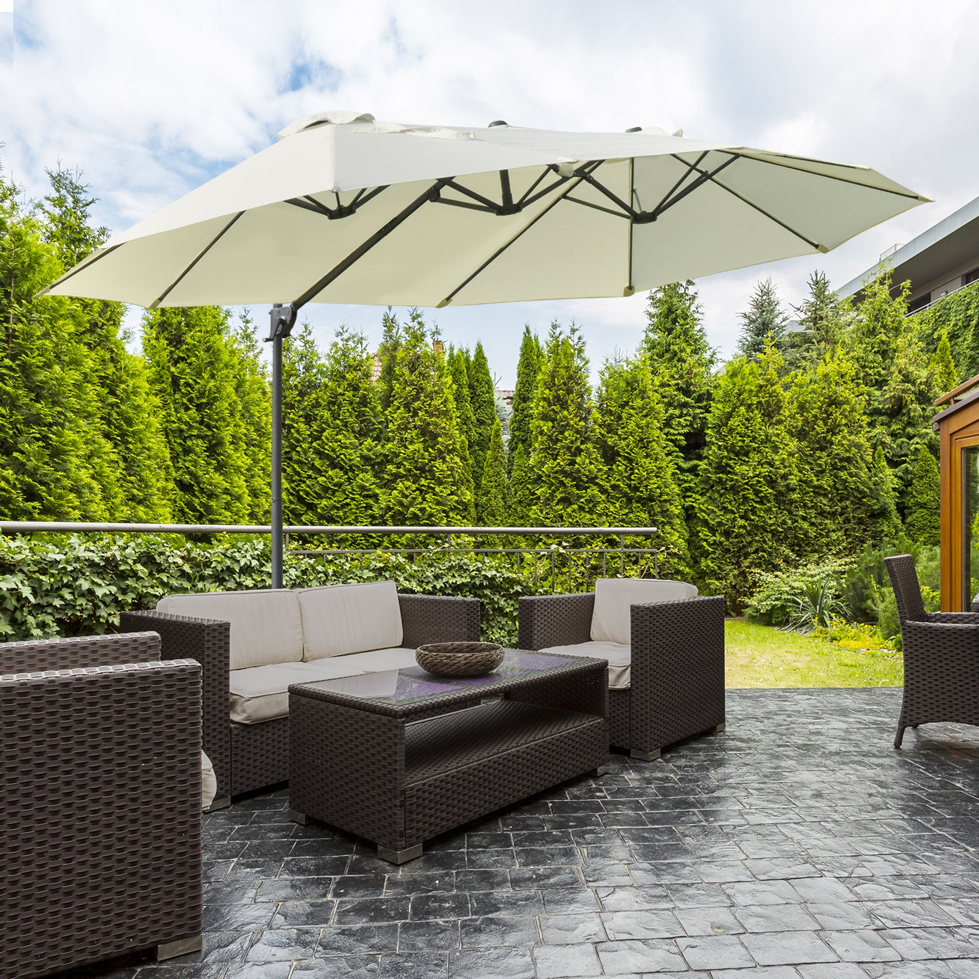 Outsunny 9' x 14' Outdoor Patio Umbrella Offset Cantilever Umbrella with Twin Canopy Sunshade Umbrella with Lift Beige