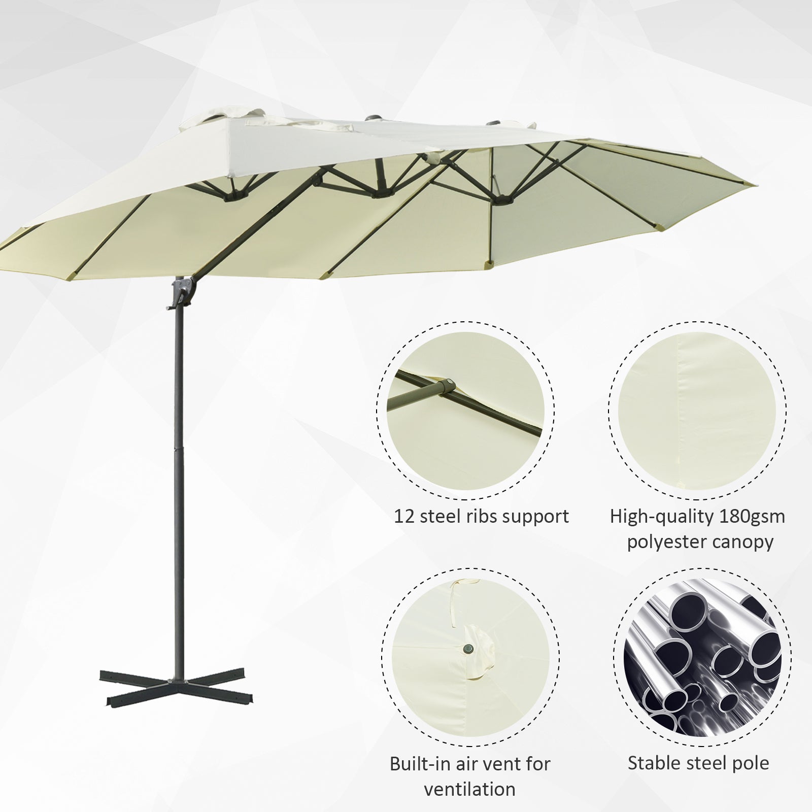 Outsunny 9' x 14' Outdoor Patio Umbrella Offset Cantilever Umbrella with Twin Canopy Sunshade Umbrella with Lift Beige