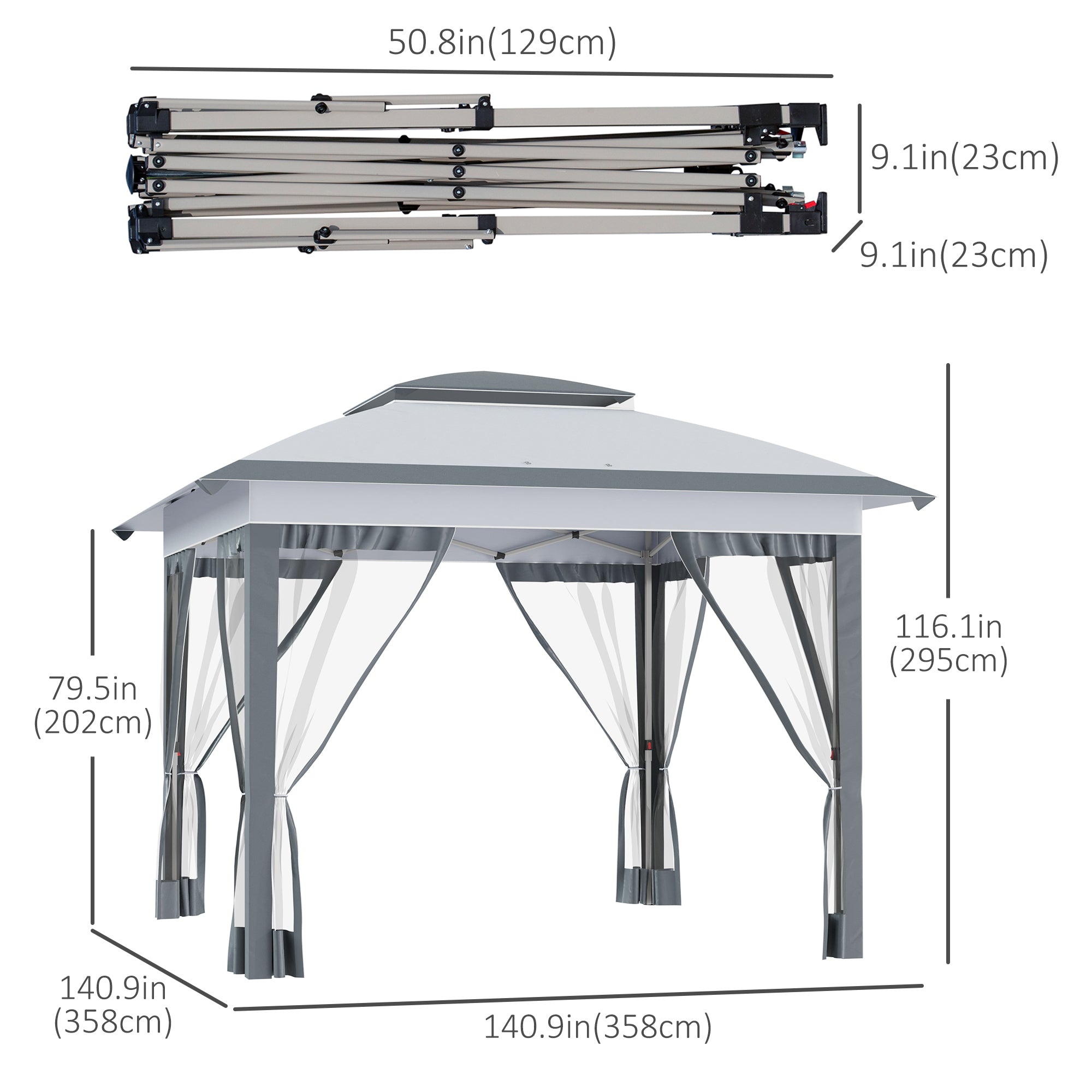 Outsunny 12' x 12' Pop Up Canopy Sun Shade Instant Tent Folding with Mesh Sidewalls, 3-Level Adjustable Height and Storage Bag, Gray