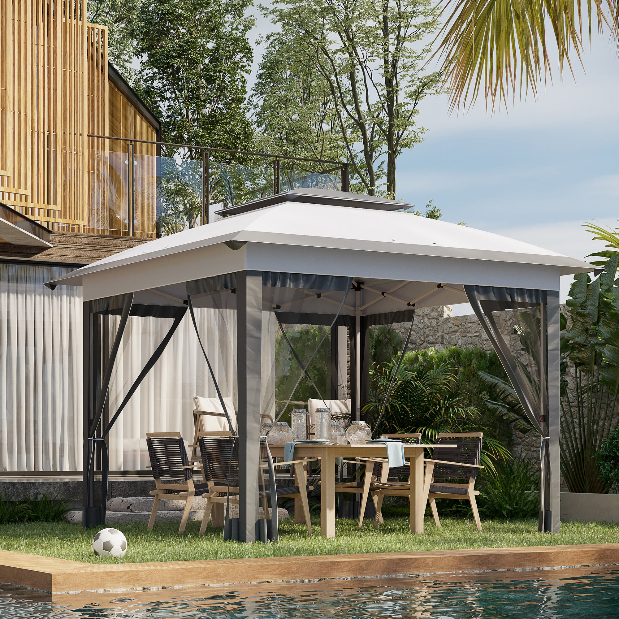 Outsunny 12' x 12' Pop Up Canopy Sun Shade Instant Tent Folding with Mesh Sidewalls, 3-Level Adjustable Height and Storage Bag, Gray