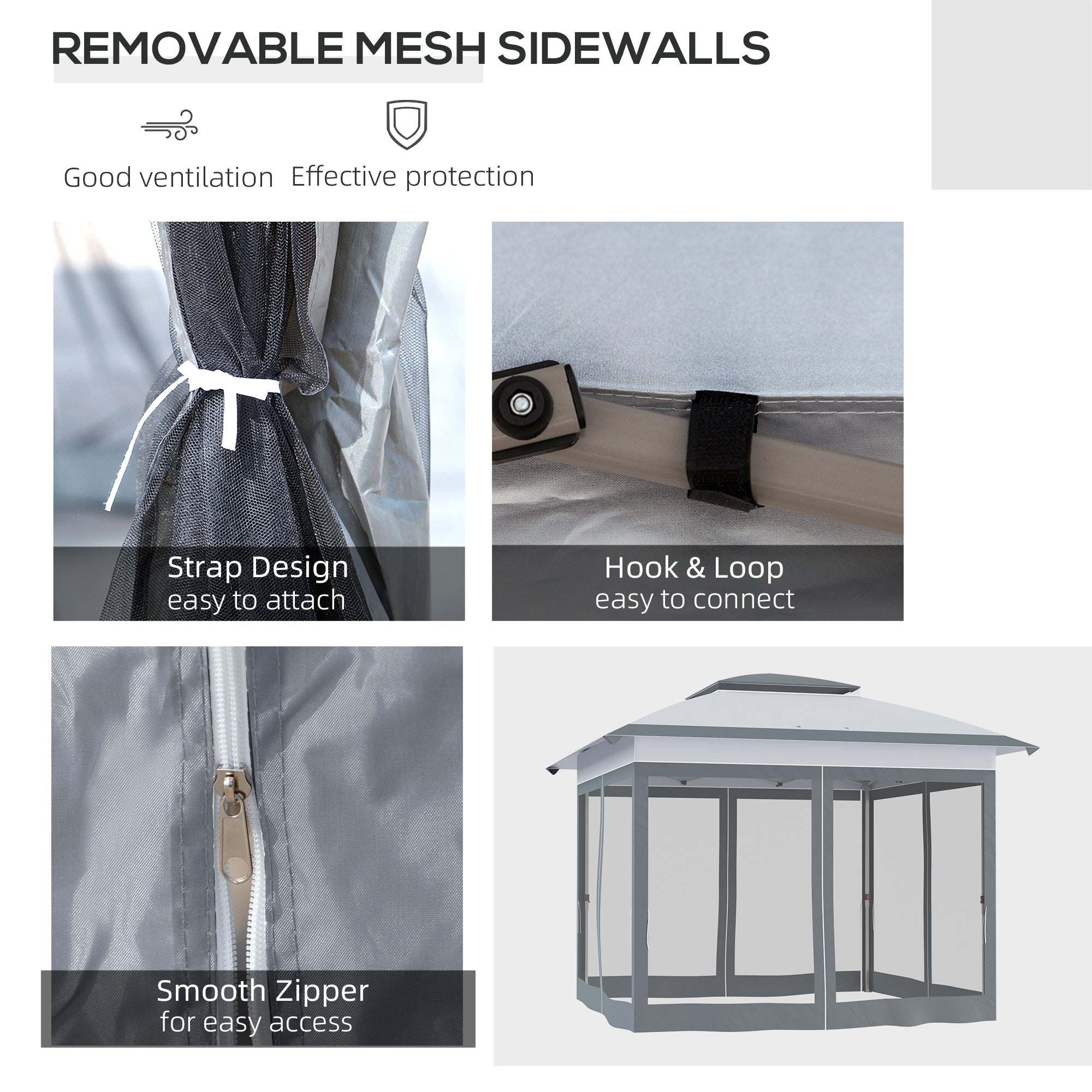 Outsunny 12' x 12' Pop Up Canopy Sun Shade Instant Tent Folding with Mesh Sidewalls, 3-Level Adjustable Height and Storage Bag, Gray