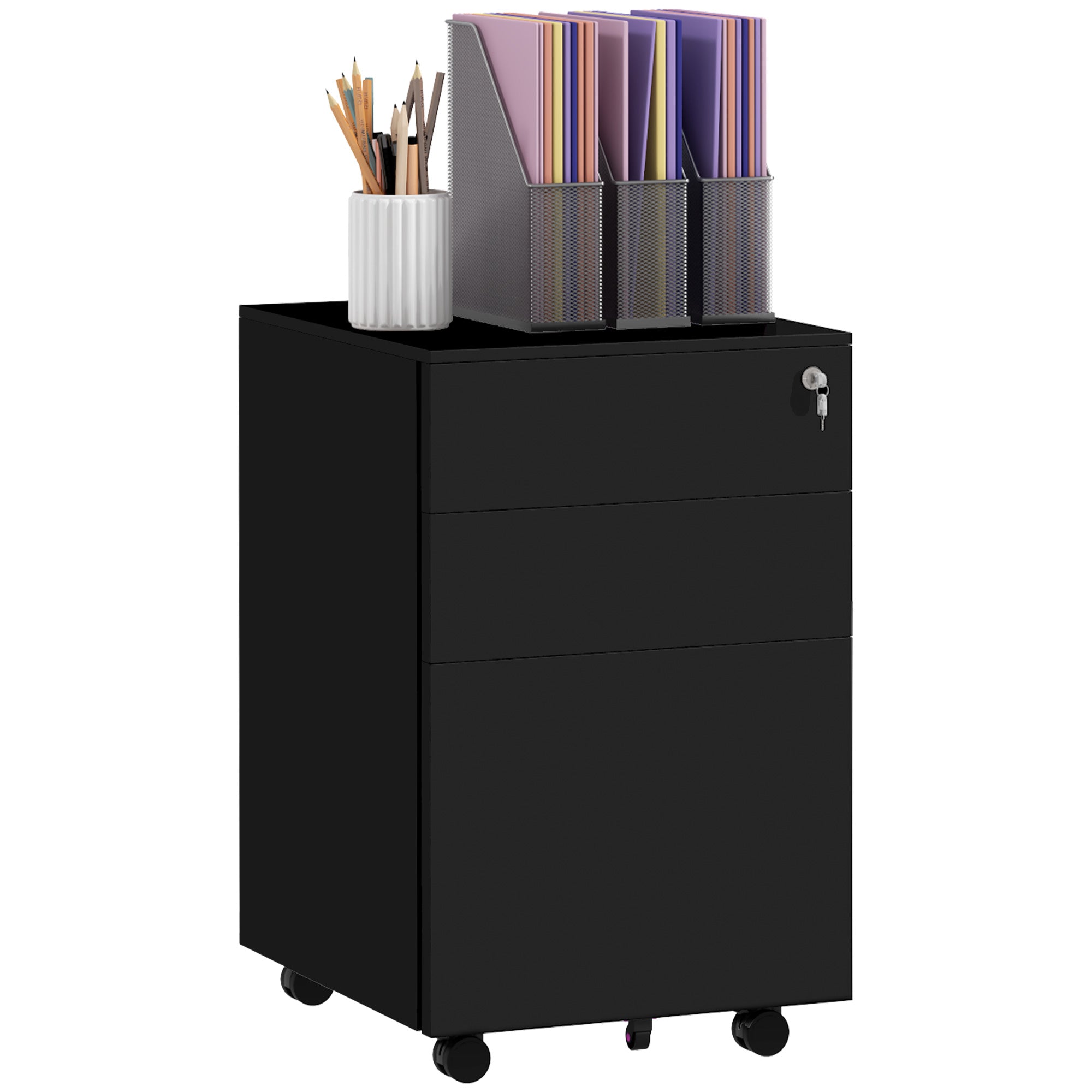 Vinsetto Vertical Steel Filing Cabinet on Wheels, 3-Drawer Lockable File Cabinet with Adjustable Hanging Bar for A4, Legal and Letter Size, Black