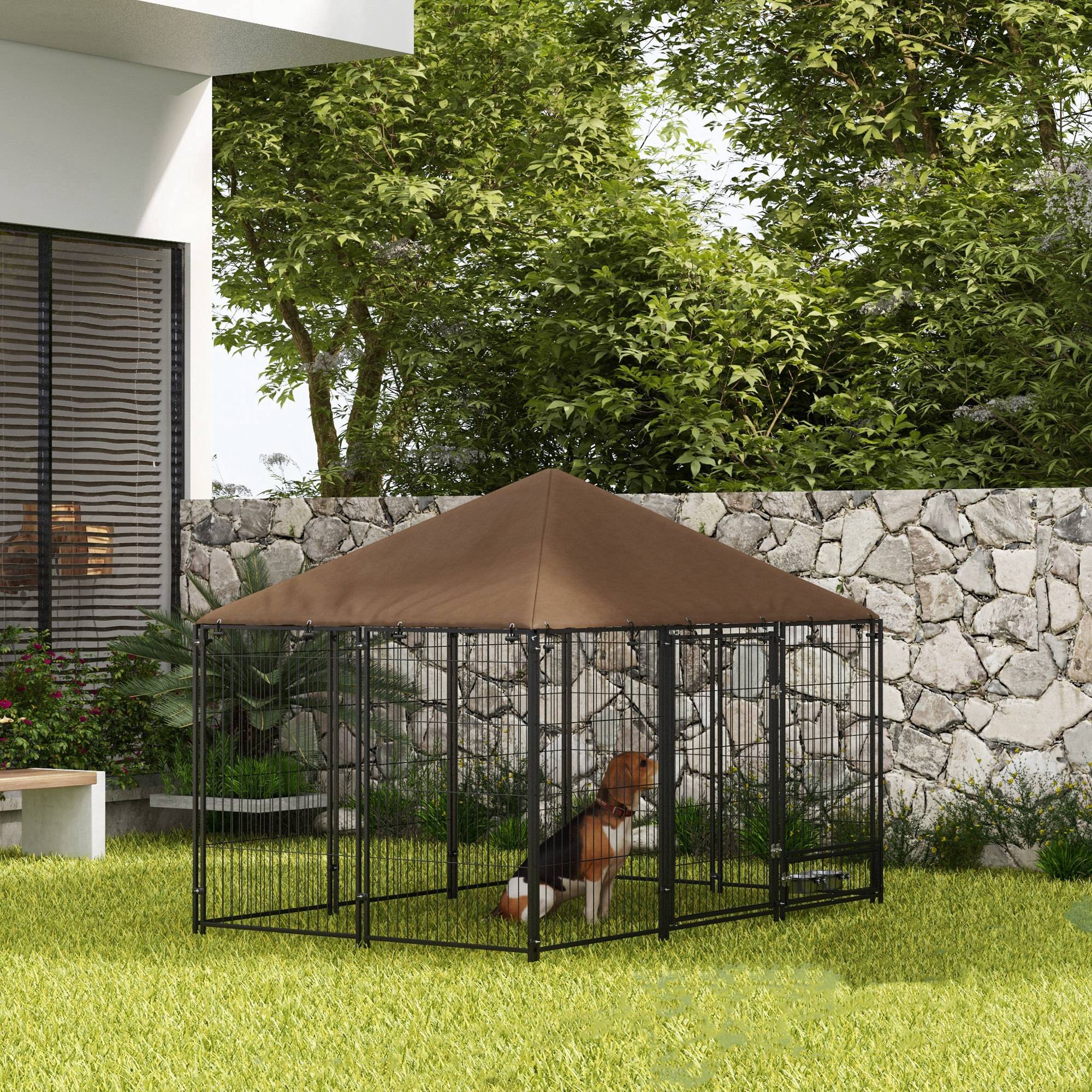 PawHut Large Dog Run, 6.9' x 4.6' x 5' Outdoor Dog Kennel with Canopy, Rotating Bowls, Door for Backyard & Garden, Coffee