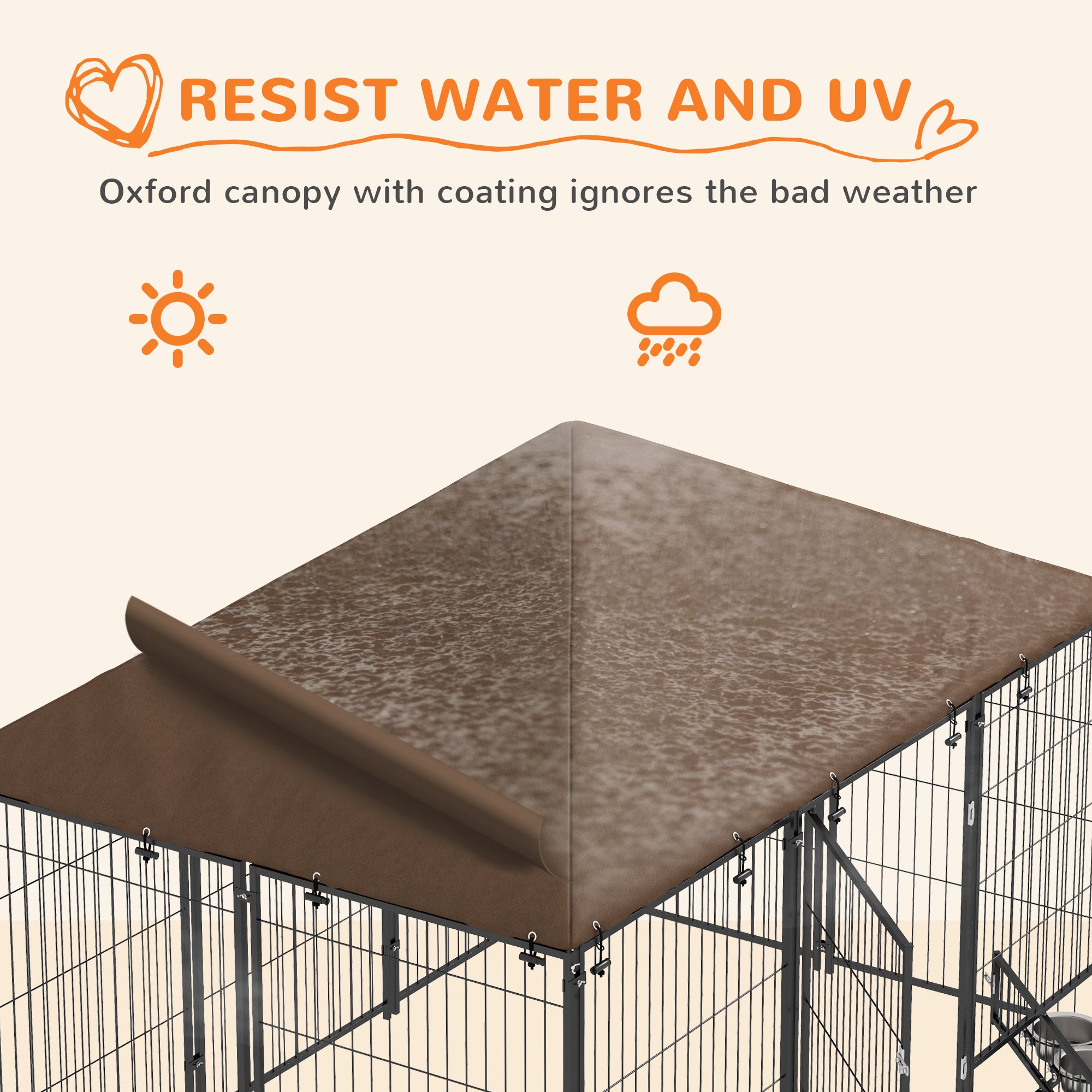 PawHut Large Dog Run, 6.9' x 4.6' x 5' Outdoor Dog Kennel with Canopy, Rotating Bowls, Door for Backyard & Garden, Coffee
