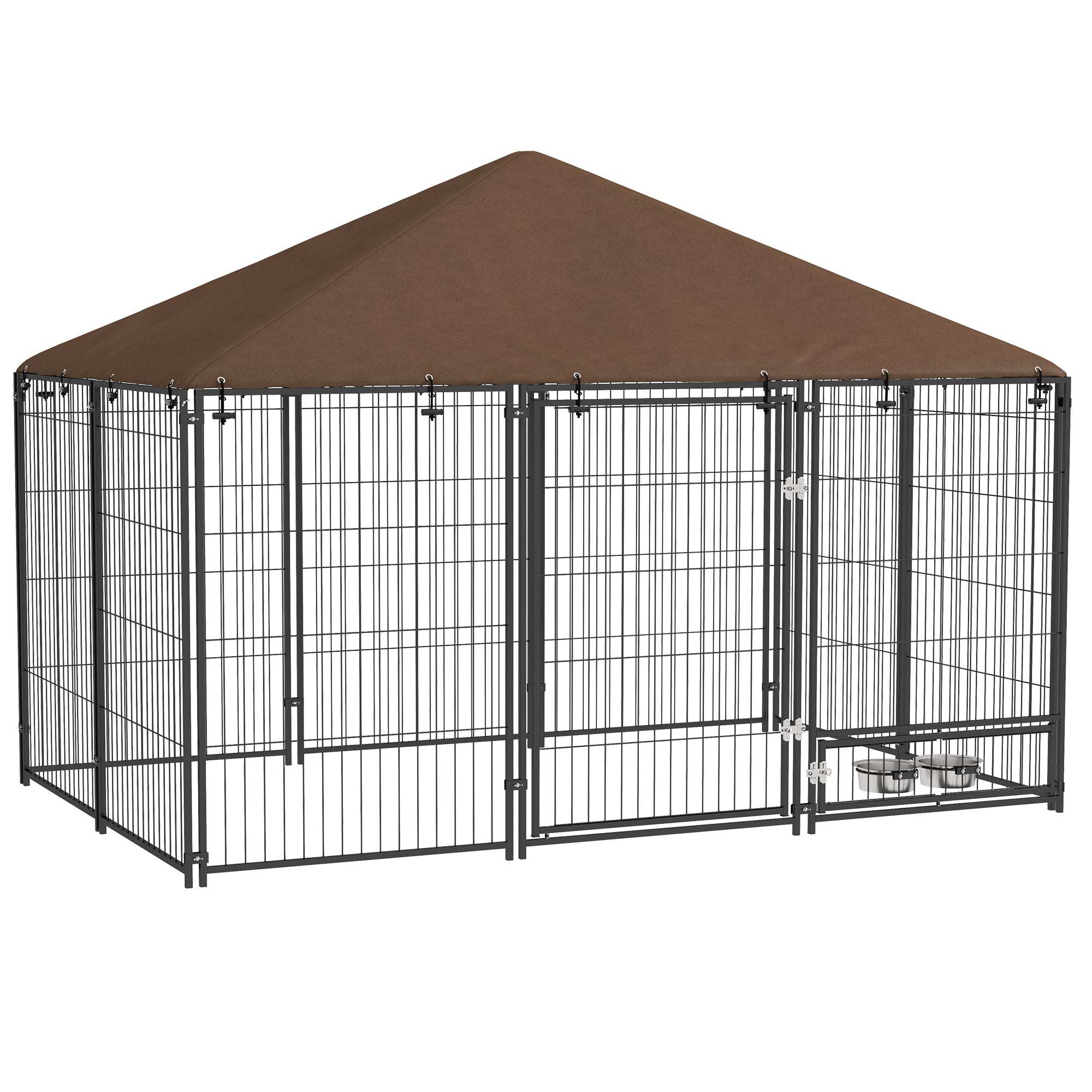 PawHut Large Dog Run, 6.9' x 4.6' x 5' Outdoor Dog Kennel with Canopy, Rotating Bowls, Door for Backyard & Garden, Coffee