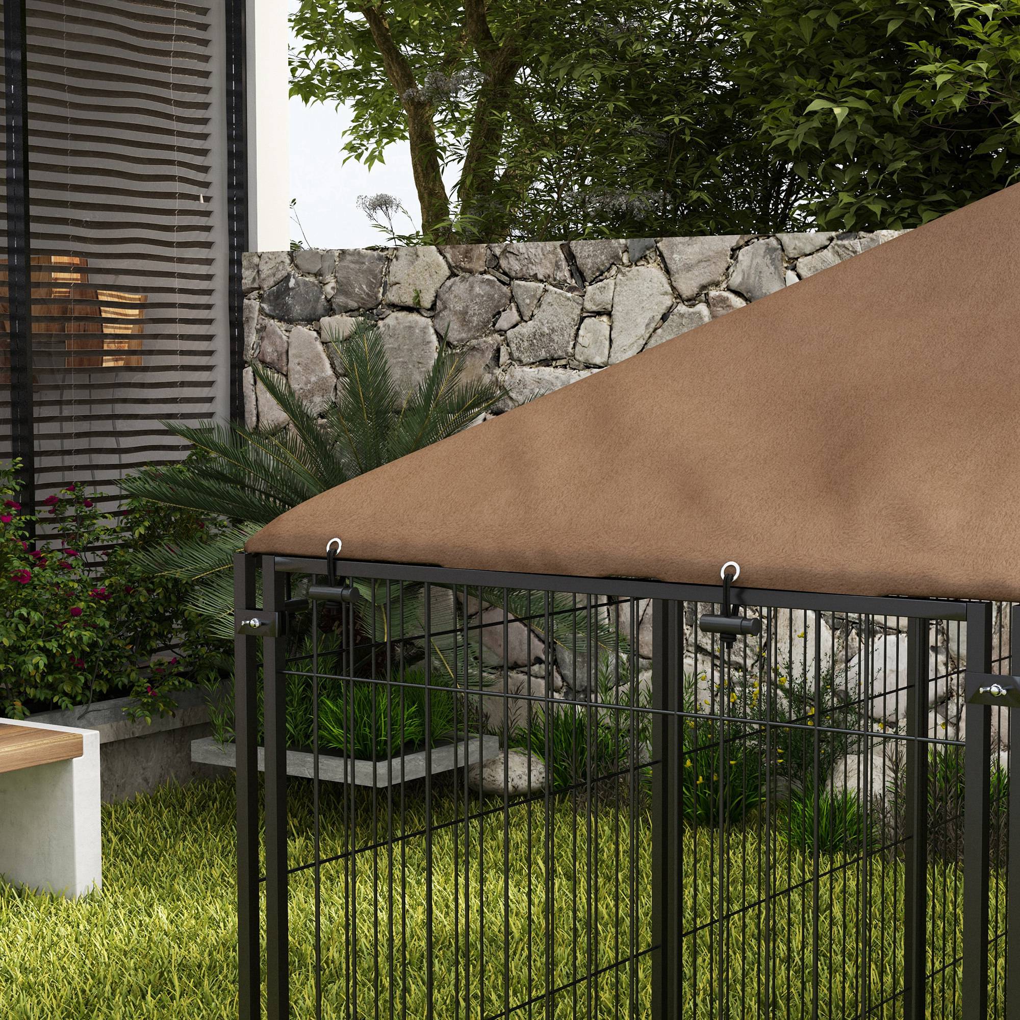 PawHut Large Dog Run, 6.9' x 4.6' x 5' Outdoor Dog Kennel with Canopy, Rotating Bowls, Door for Backyard & Garden, Coffee