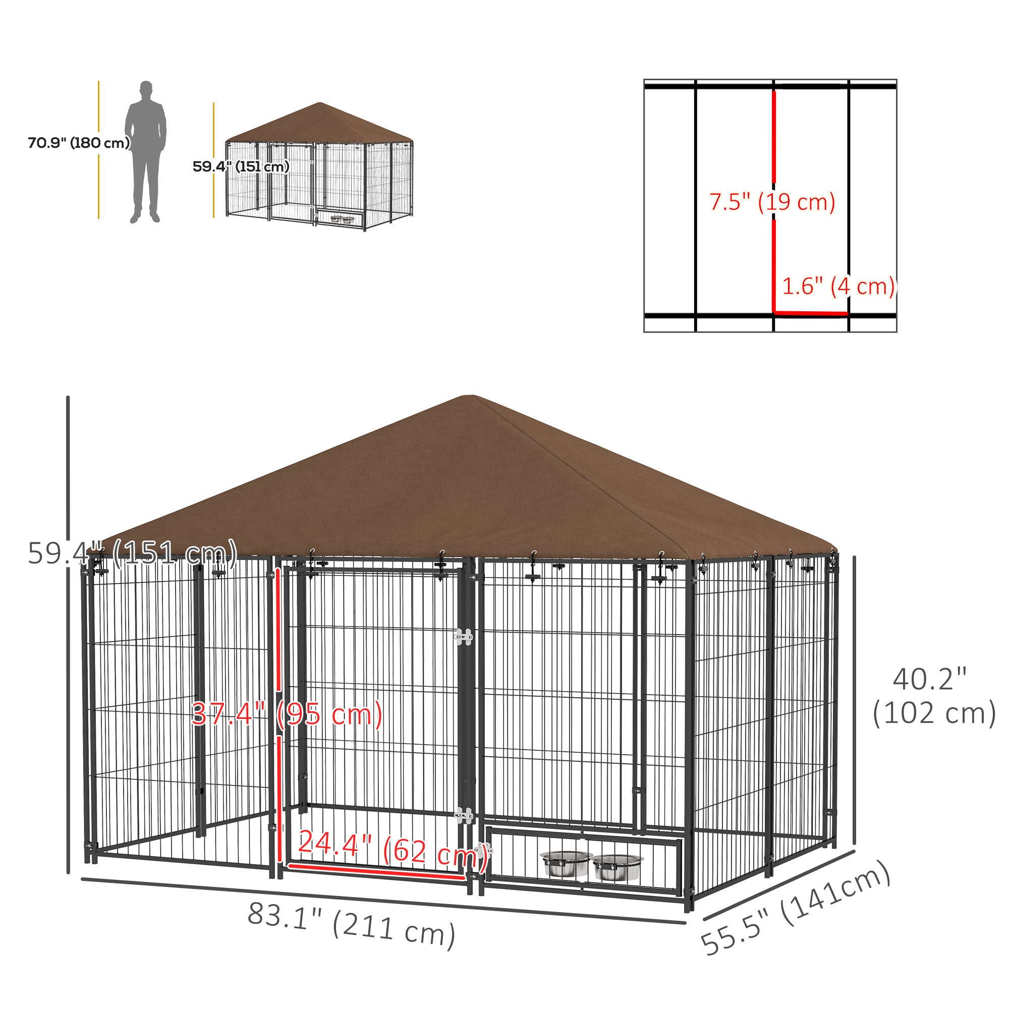 PawHut Large Dog Run, 6.9' x 4.6' x 5' Outdoor Dog Kennel with Canopy, Rotating Bowls, Door for Backyard & Garden, Coffee