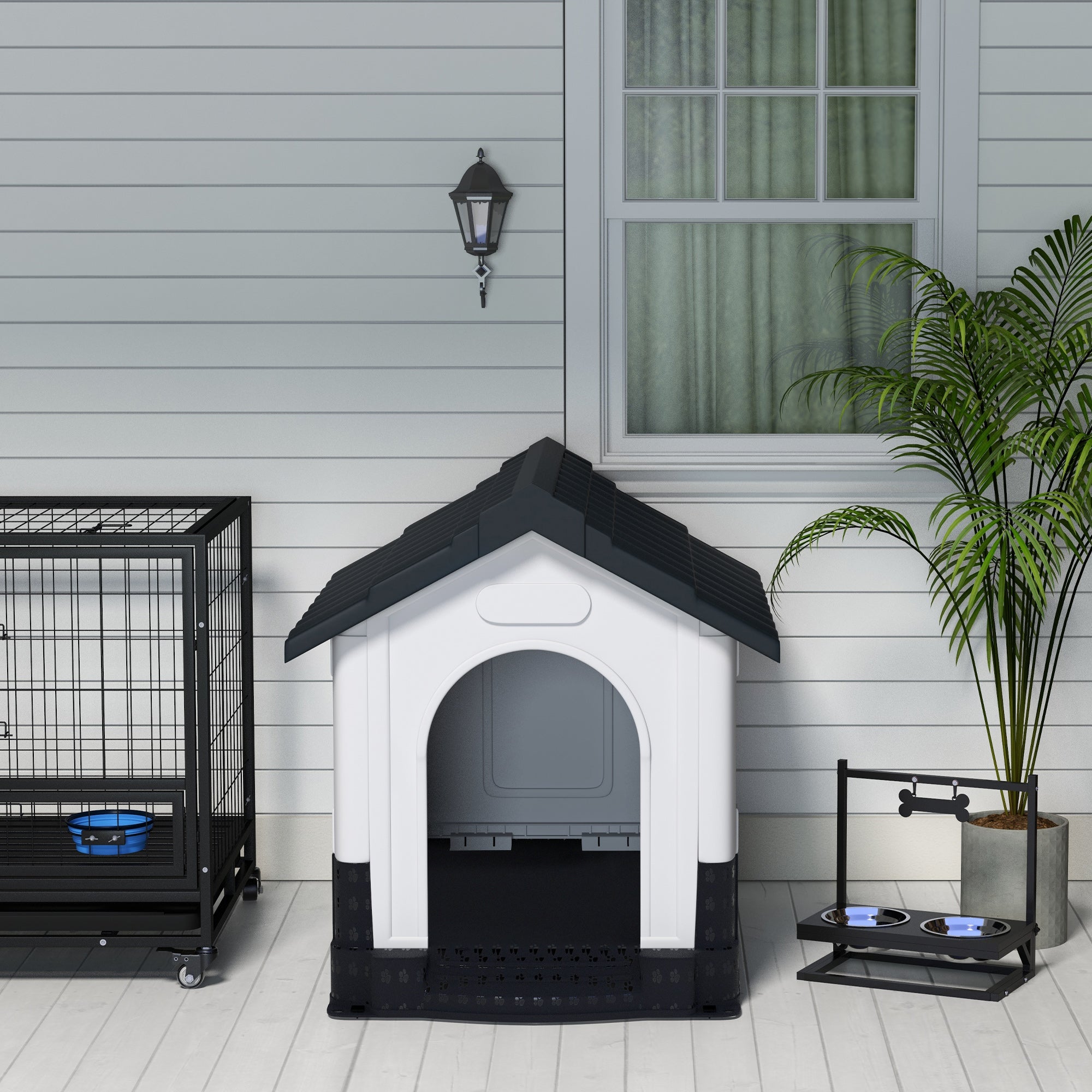 PawHut Dog Kennel for Outside, Plastic Dog House, Water-Resistant Pet Shelter with Windows, for Garden Patio, Medium and Large Dogs, 101 x 88 x 99cm - Grey