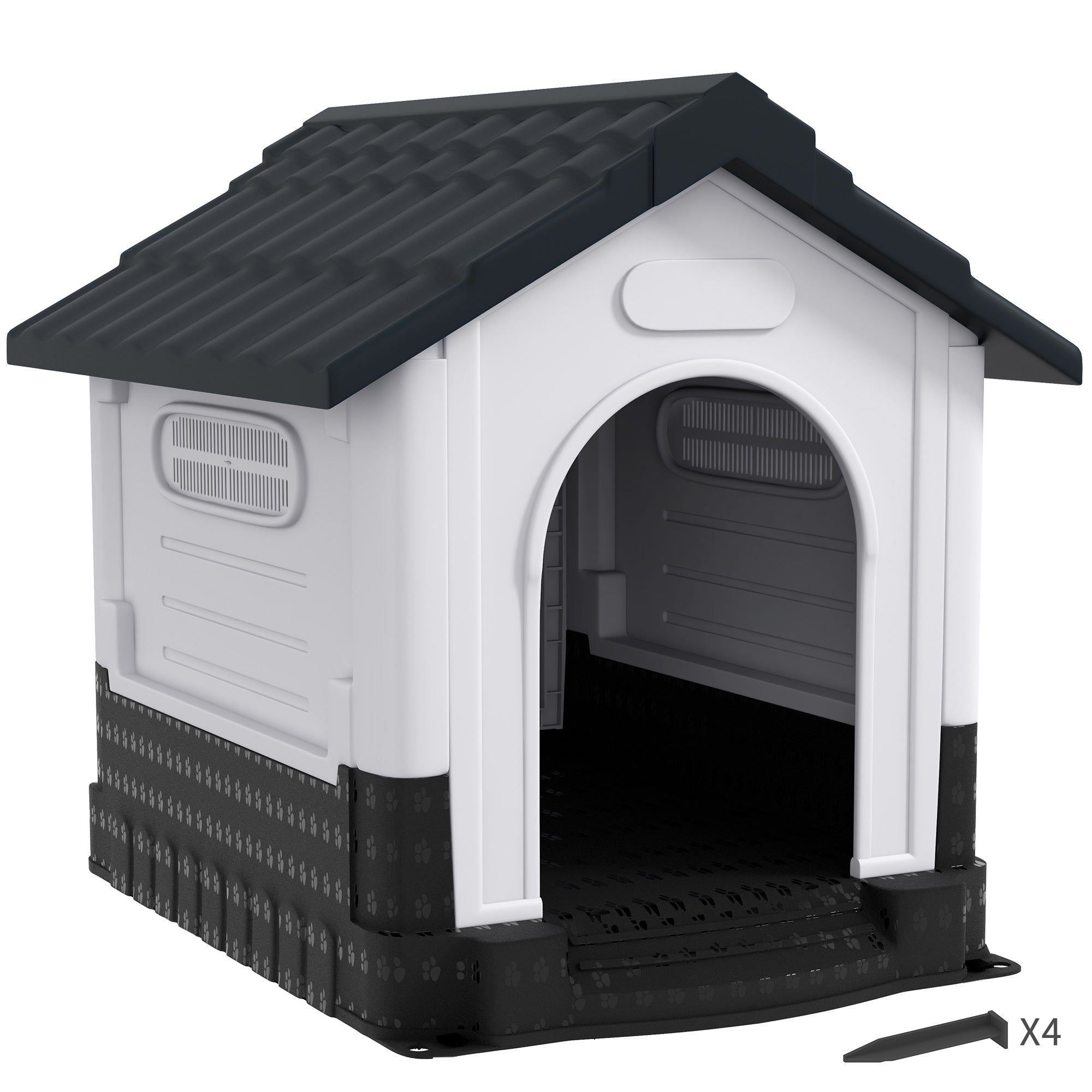 PawHut Dog Kennel for Outside, Plastic Dog House, Water-Resistant Pet Shelter with Windows, for Garden Patio, Medium and Large Dogs, 101 x 88 x 99cm - Grey