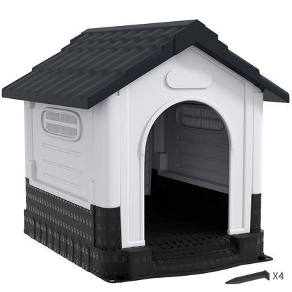 PawHut Dog Kennel for Outside, Plastic Dog House, Water-Resistant Pet Shelter with Windows, for Garden Patio, Medium and Large Dogs, 101 x 88 x 99cm - Grey