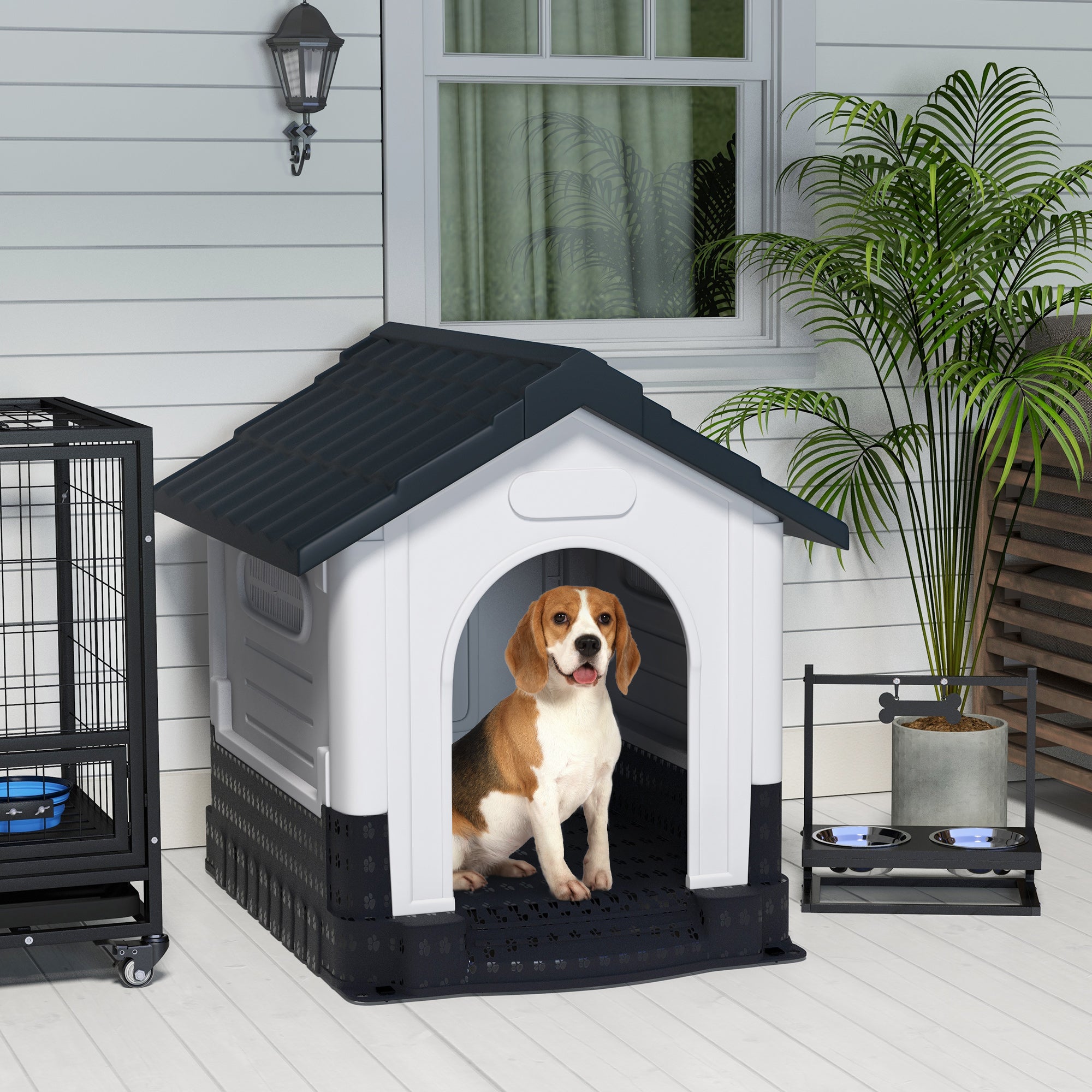 PawHut Dog Kennel for Outside, Plastic Dog House, Water-Resistant Pet Shelter with Windows, for Garden Patio, Medium and Large Dogs, 101 x 88 x 99cm - Grey