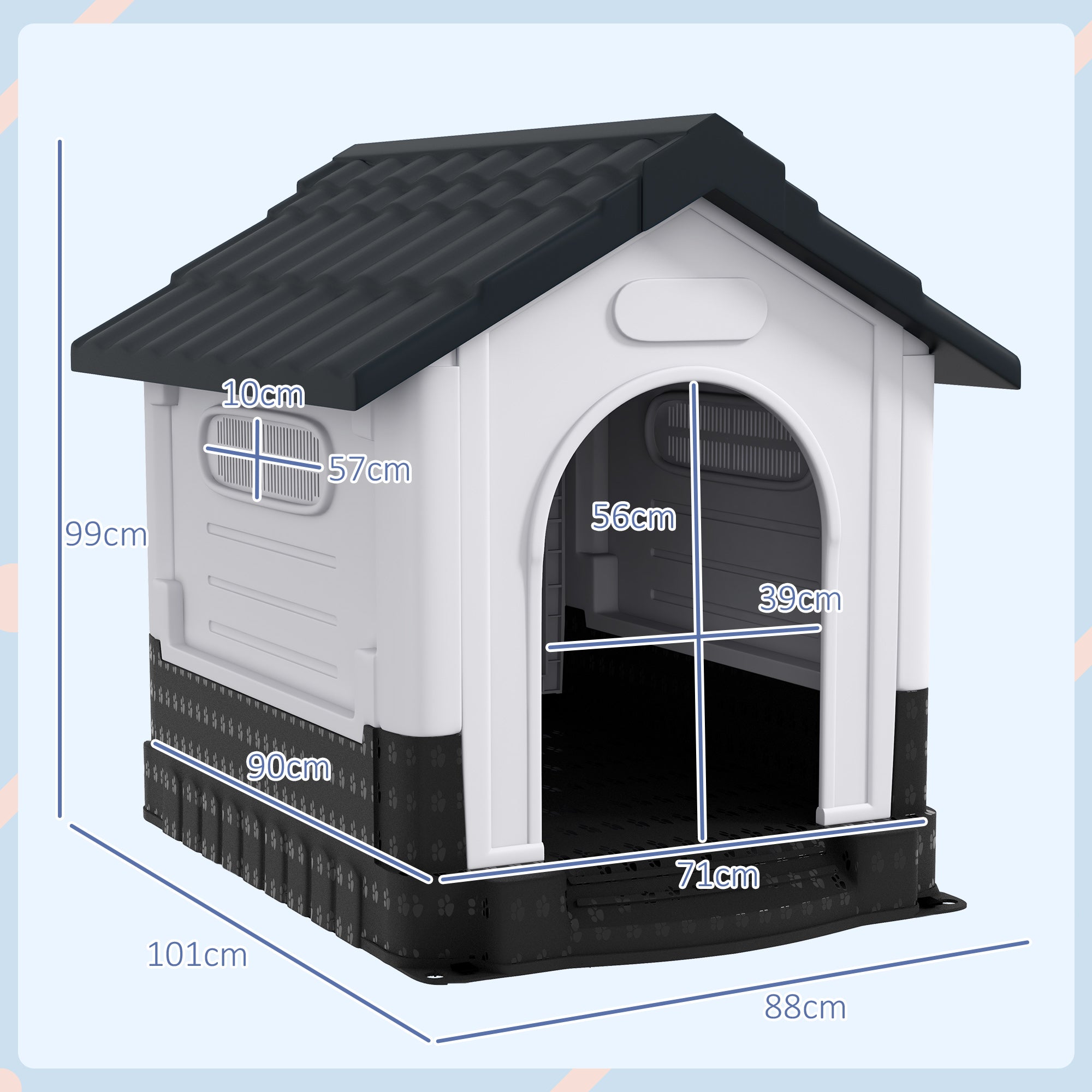 PawHut Dog Kennel for Outside, Plastic Dog House, Water-Resistant Pet Shelter with Windows, for Garden Patio, Medium and Large Dogs, 101 x 88 x 99cm - Grey