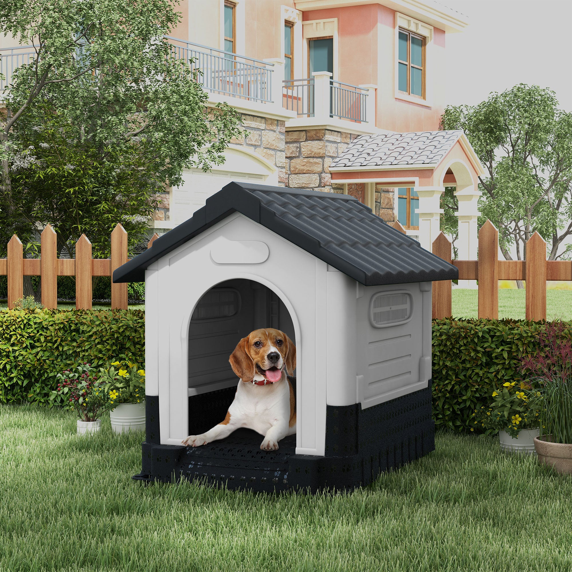 PawHut Dog Kennel for Outside, Plastic Dog House, Water-Resistant Pet Shelter with Windows, for Garden Patio, Medium and Large Dogs, 101 x 88 x 99cm - Grey