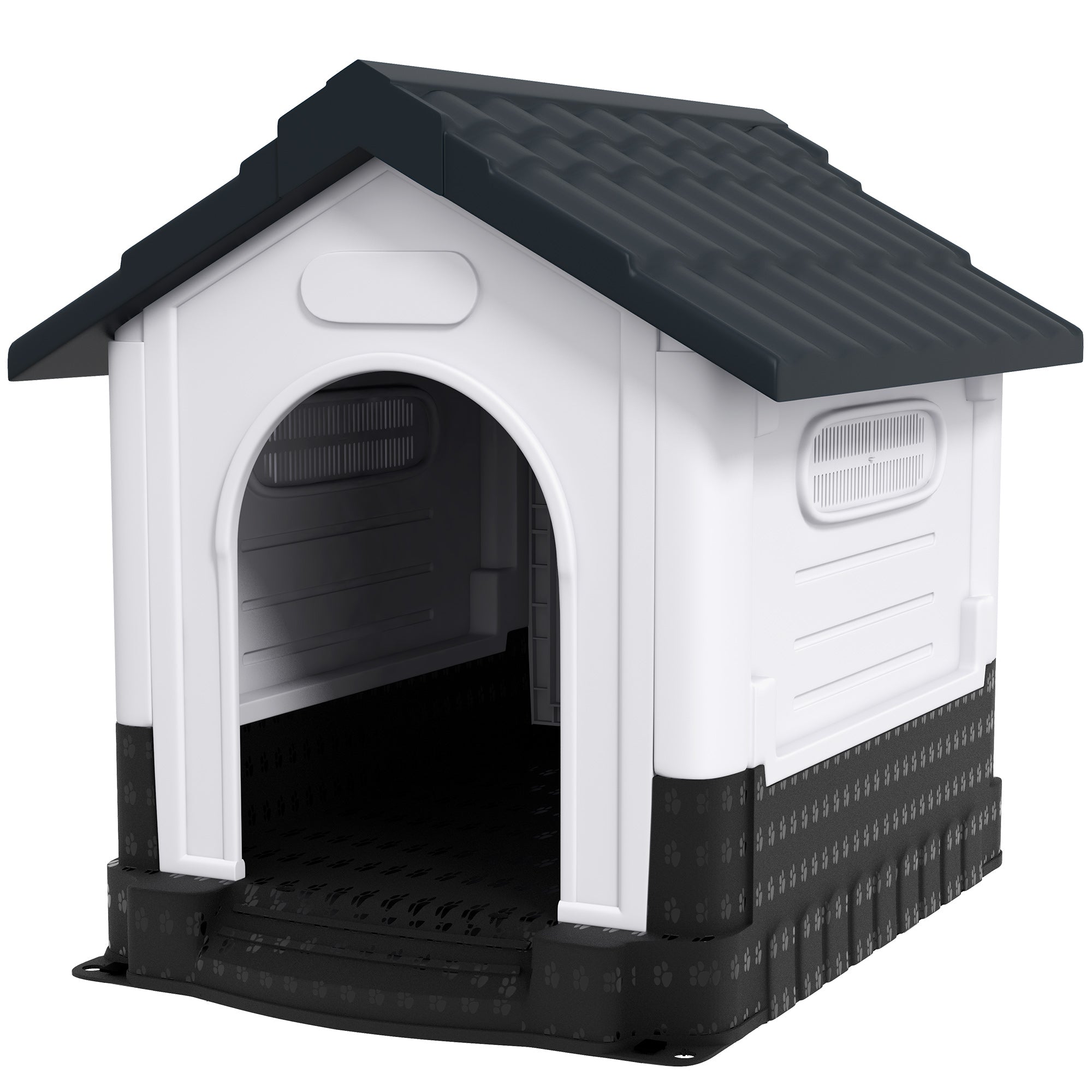 PawHut Dog Kennel for Outside, Plastic Dog House, Water-Resistant Pet Shelter with Windows, for Garden Patio, Medium and Large Dogs, 101 x 88 x 99cm - Grey