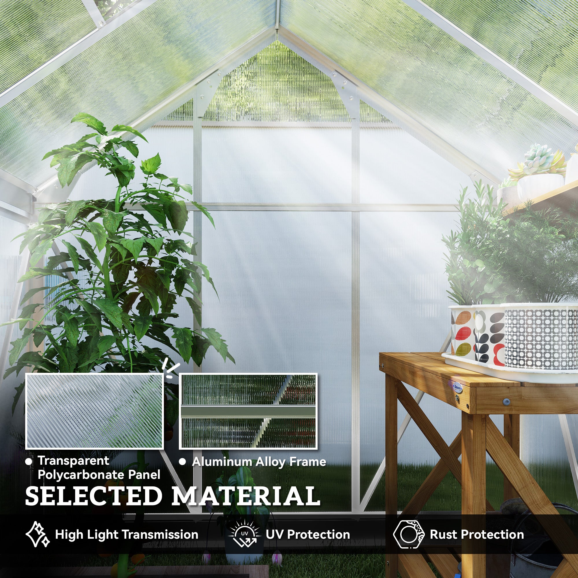 Outsunny 6' x 4' x 6.6' Polycarbonate Greenhouse, Walk-In Green House Kit Garden, Plants Grow, Galvanized Sheet Aluminum Frame with Rain Gutter, Vent and Sliding Door, Silver