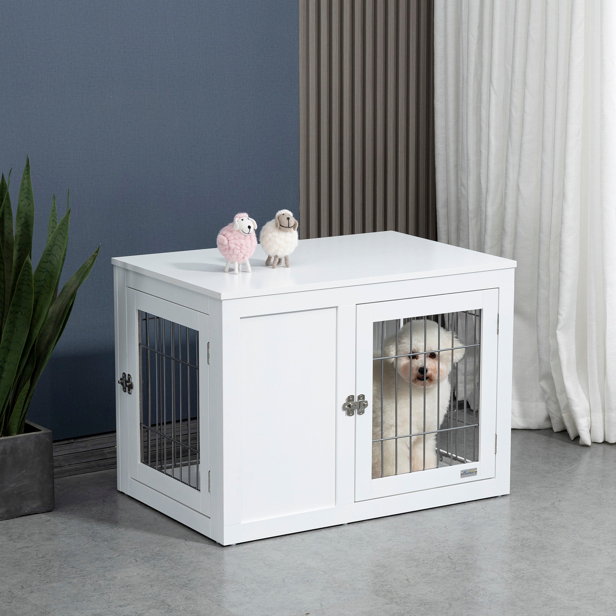 PawHut Dog Crate Furniture Wire Indoor Pet Kennel Cage, End Table with Double Doors, Locks for Small and Medium Dog House, White