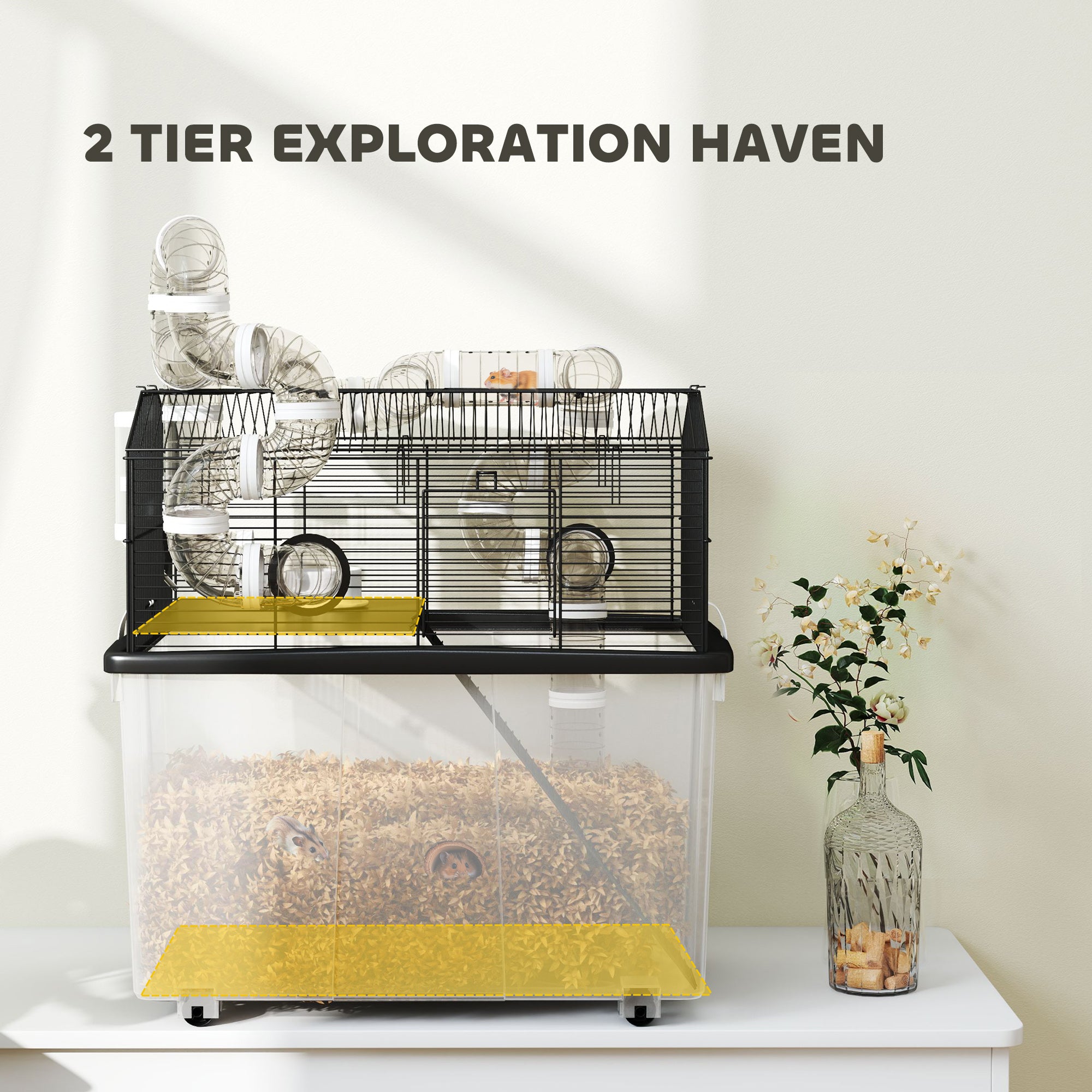 PawHut Large Hamster Cage with 12" Deep Tray, 2 Tier Gerbil Cage with Tube System, Water Bottle, Ramp, Feeding Bowl, 23" x 17" x 22", Black