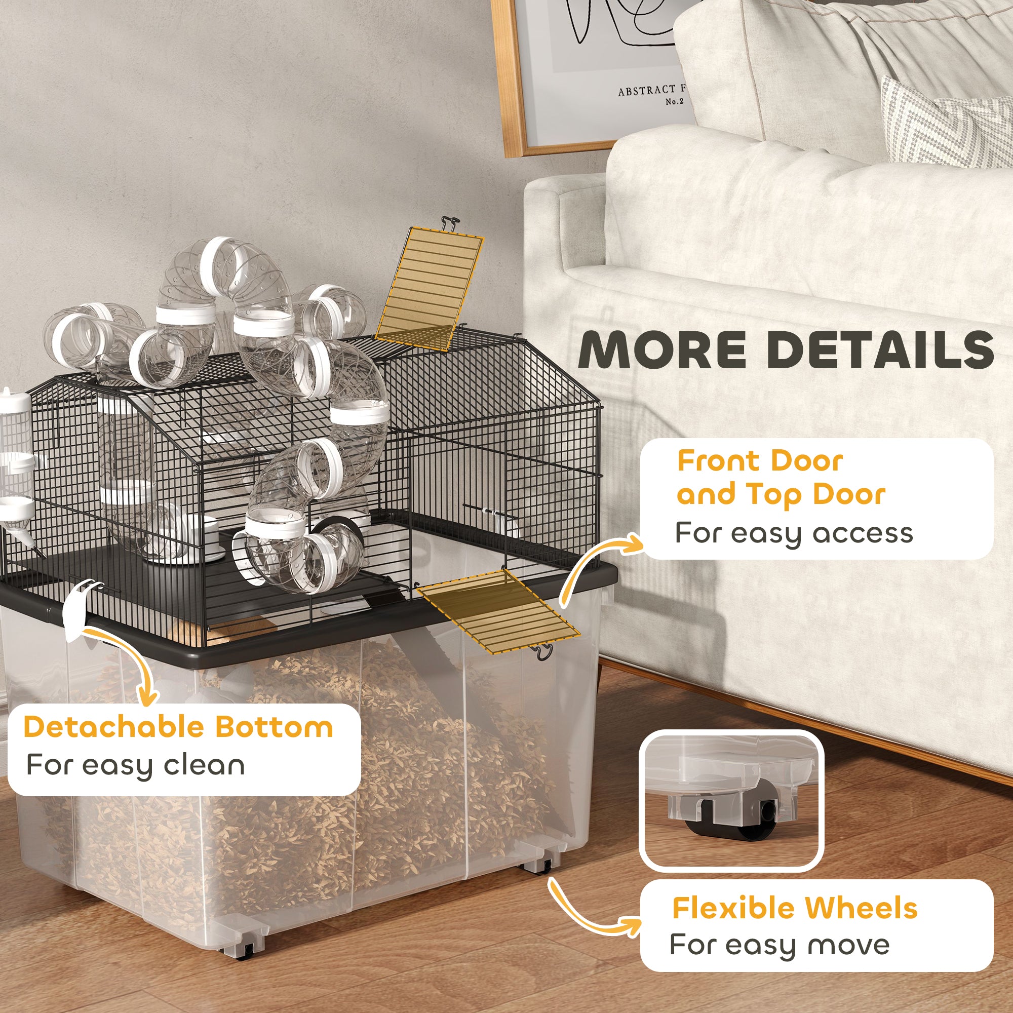 PawHut Large Hamster Cage with 12" Deep Tray, 2 Tier Gerbil Cage with Tube System, Water Bottle, Ramp, Feeding Bowl, 23" x 17" x 22", Black