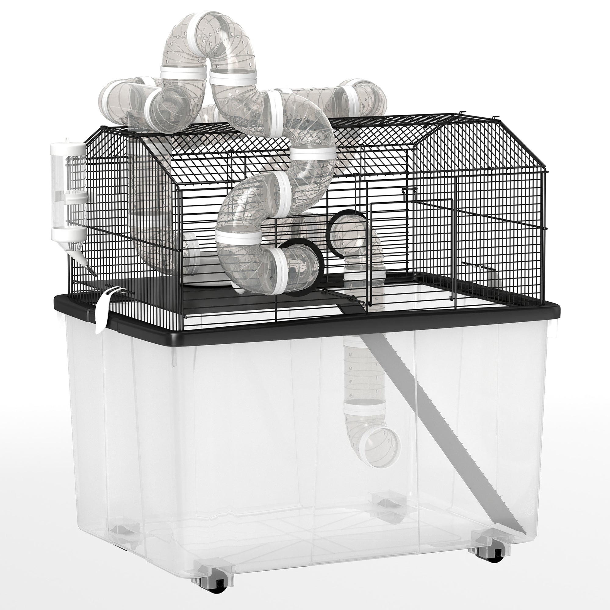 PawHut Large Hamster Cage with 12" Deep Tray, 2 Tier Gerbil Cage with Tube System, Water Bottle, Ramp, Feeding Bowl, 23" x 17" x 22", Black