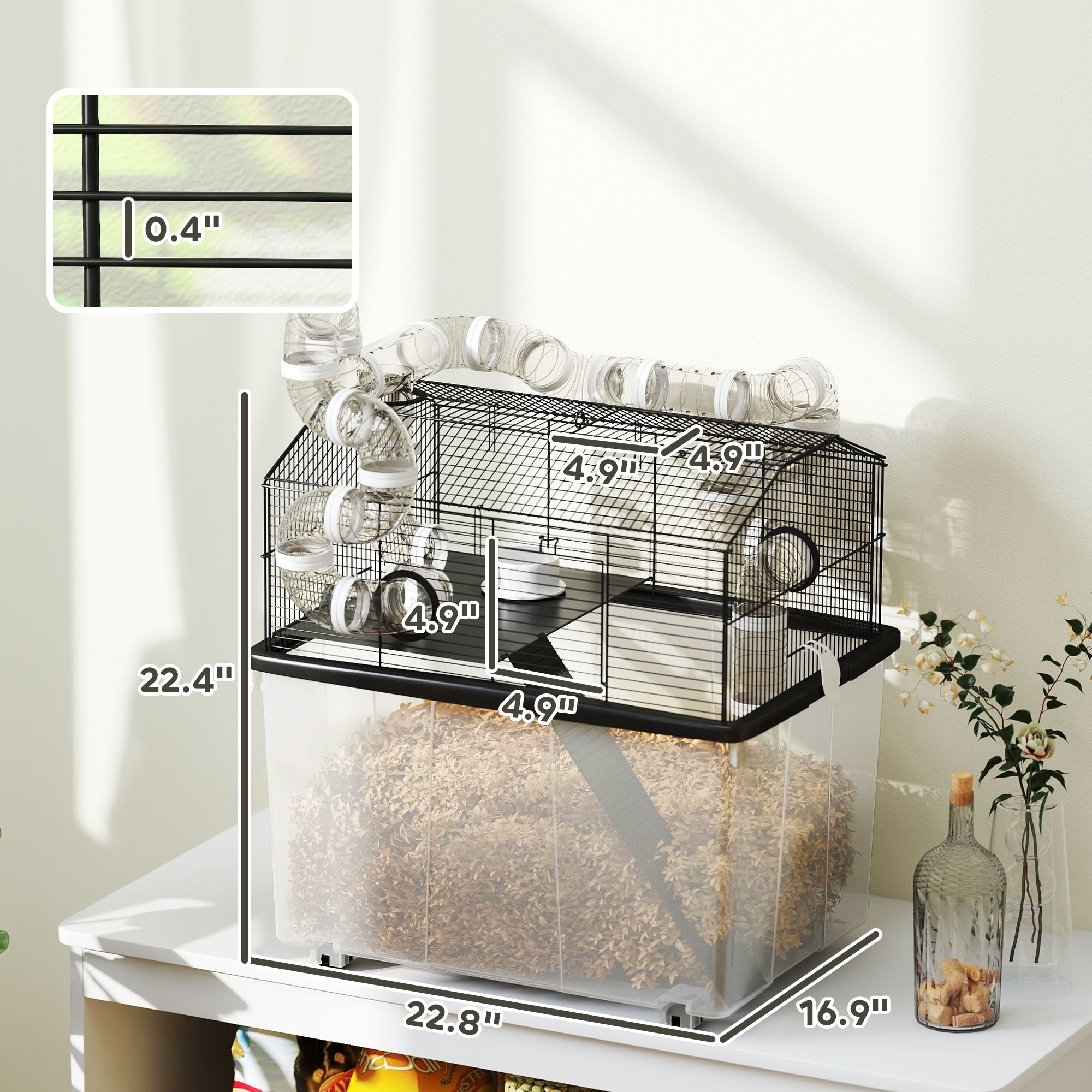 PawHut Large Hamster Cage with 12" Deep Tray, 2 Tier Gerbil Cage with Tube System, Water Bottle, Ramp, Feeding Bowl, 23" x 17" x 22", Black