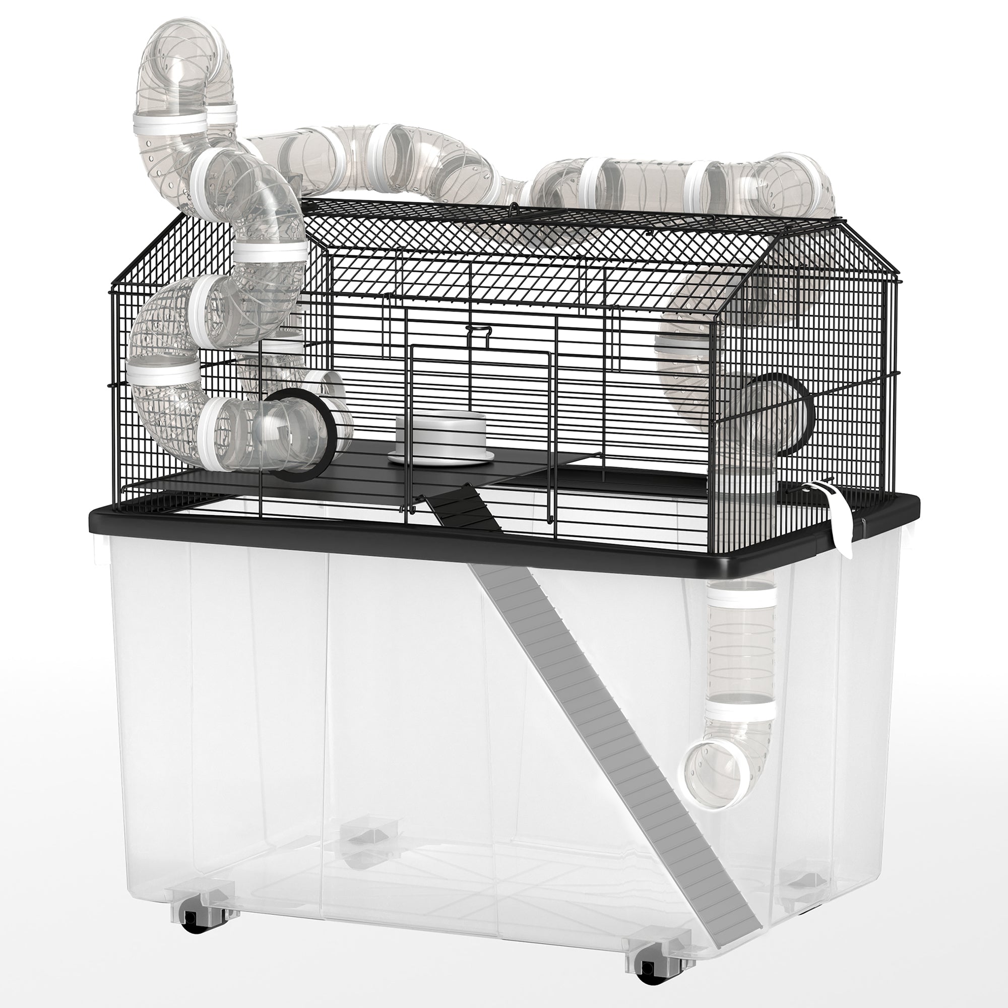 PawHut Large Hamster Cage with 12" Deep Tray, 2 Tier Gerbil Cage with Tube System, Water Bottle, Ramp, Feeding Bowl, 23" x 17" x 22", Black