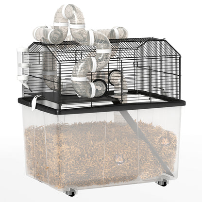 PawHut Large Hamster Cage with 12" Deep Tray, 2 Tier Gerbil Cage with Tube System, Water Bottle, Ramp, Feeding Bowl, 23" x 17" x 22", Black