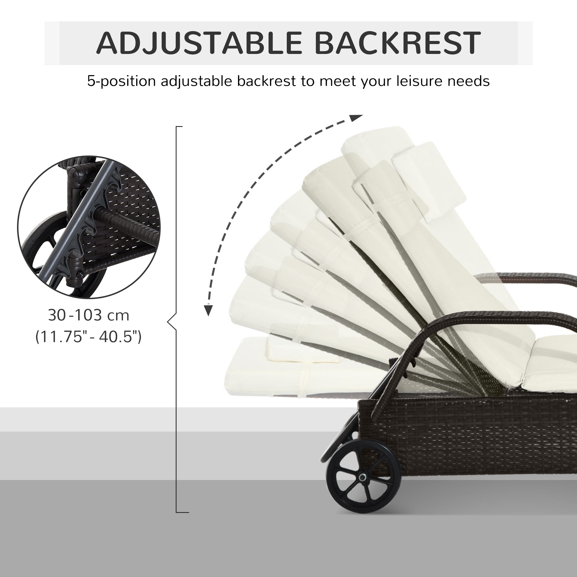 Outsunny Wicker Chaise Lounge, Outdoor Lounge Chair, PE Rattan Patio Sun lounger with Head-rest, 5-Level Height Adjust Backrest, Cushion & Wheels, Deep Coffee and Cream White